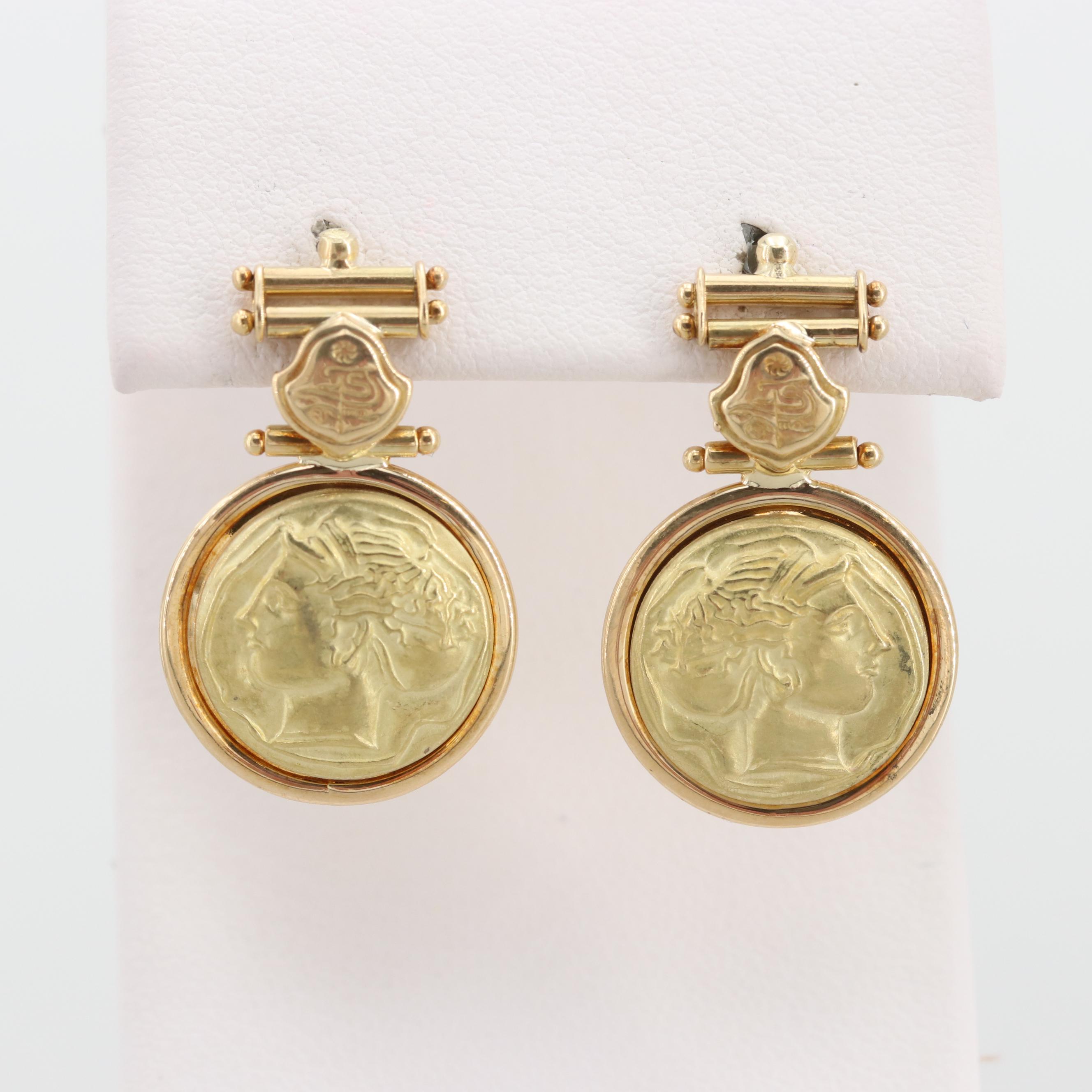 Italian 18K Yellow Gold Dangle Cameo Earrings