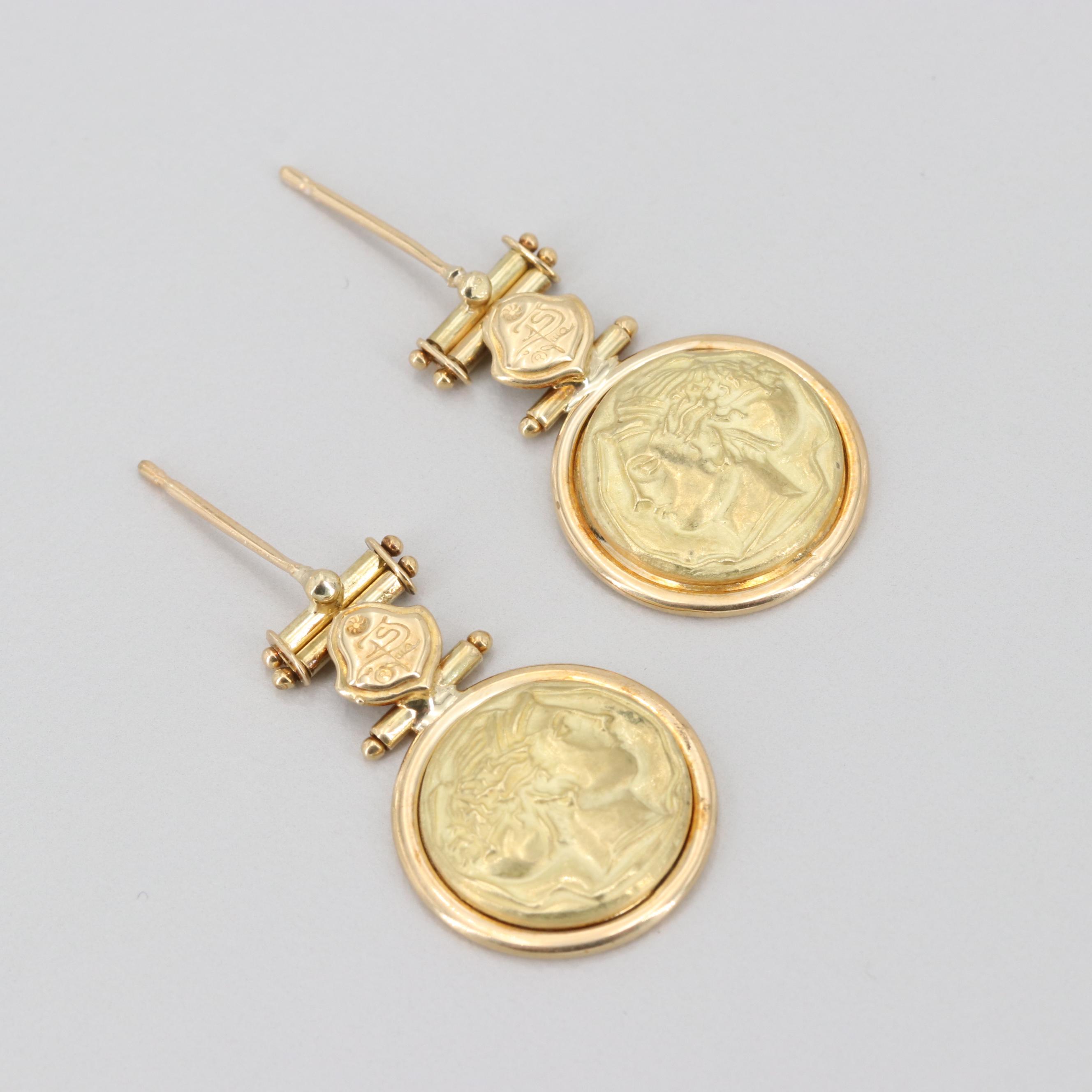 Italian 18K Yellow Gold Dangle Cameo Earrings