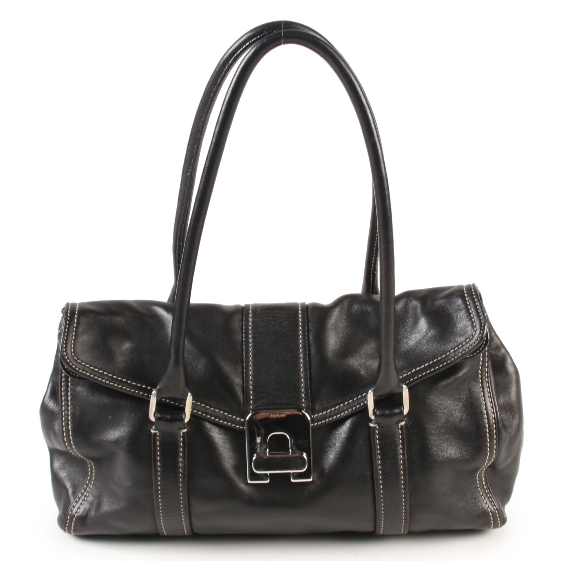 Prada Flap Front Turn Lock Shoulder Bag in Black Leather