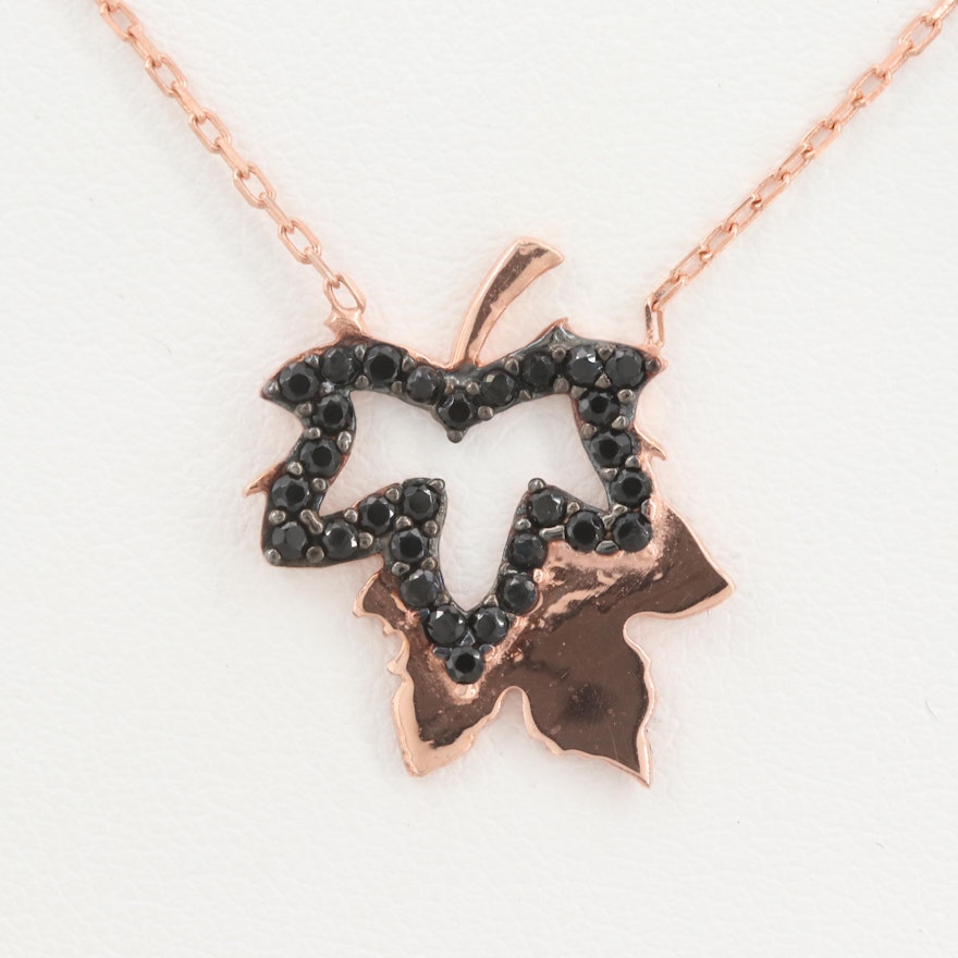 Rose Gold Wash on Sterling Silver Synthetic Spinel Leaf Pendant Necklace