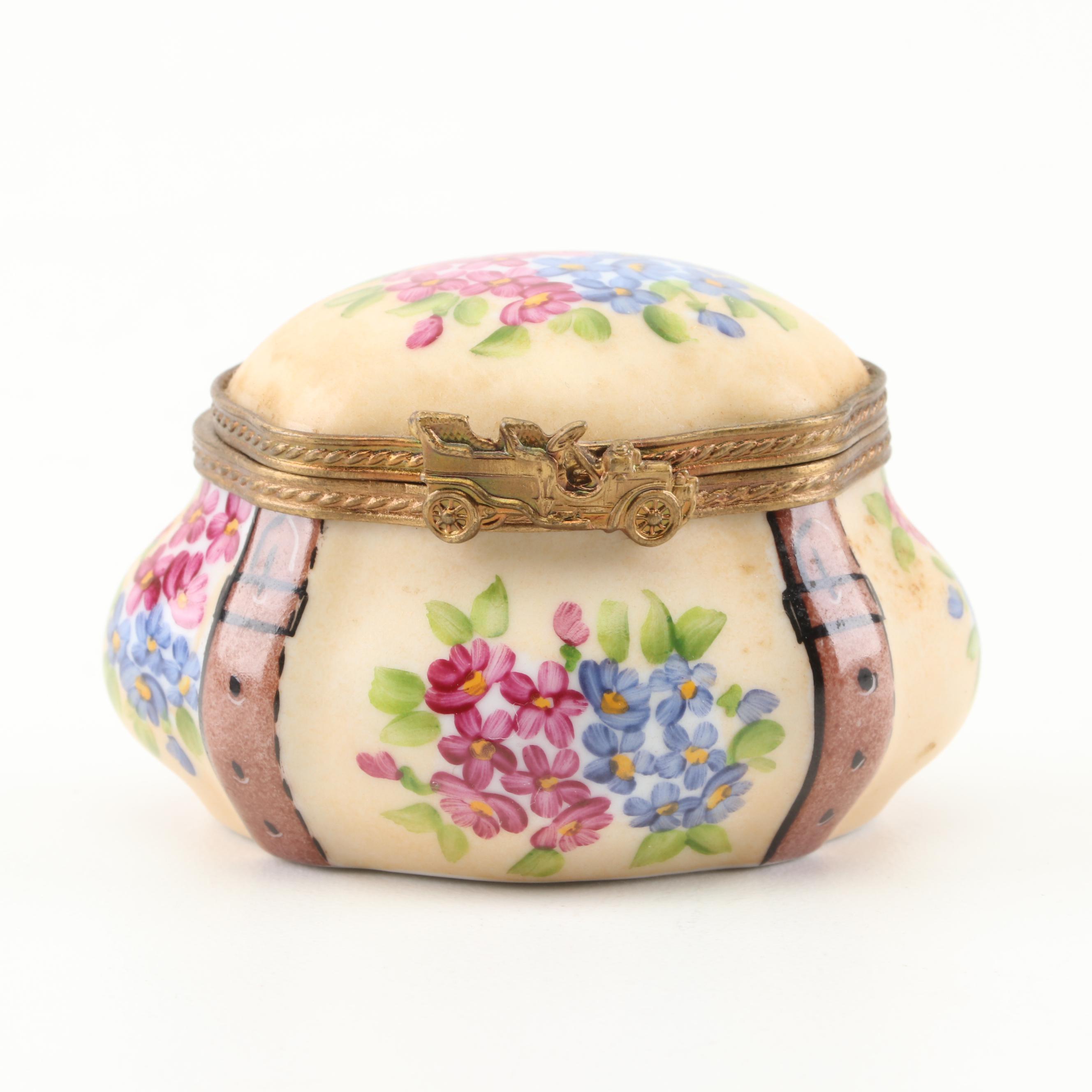 Hand-Painted Limoges French Accents Porcelain Trinket Box with 5 Franc "Coin"