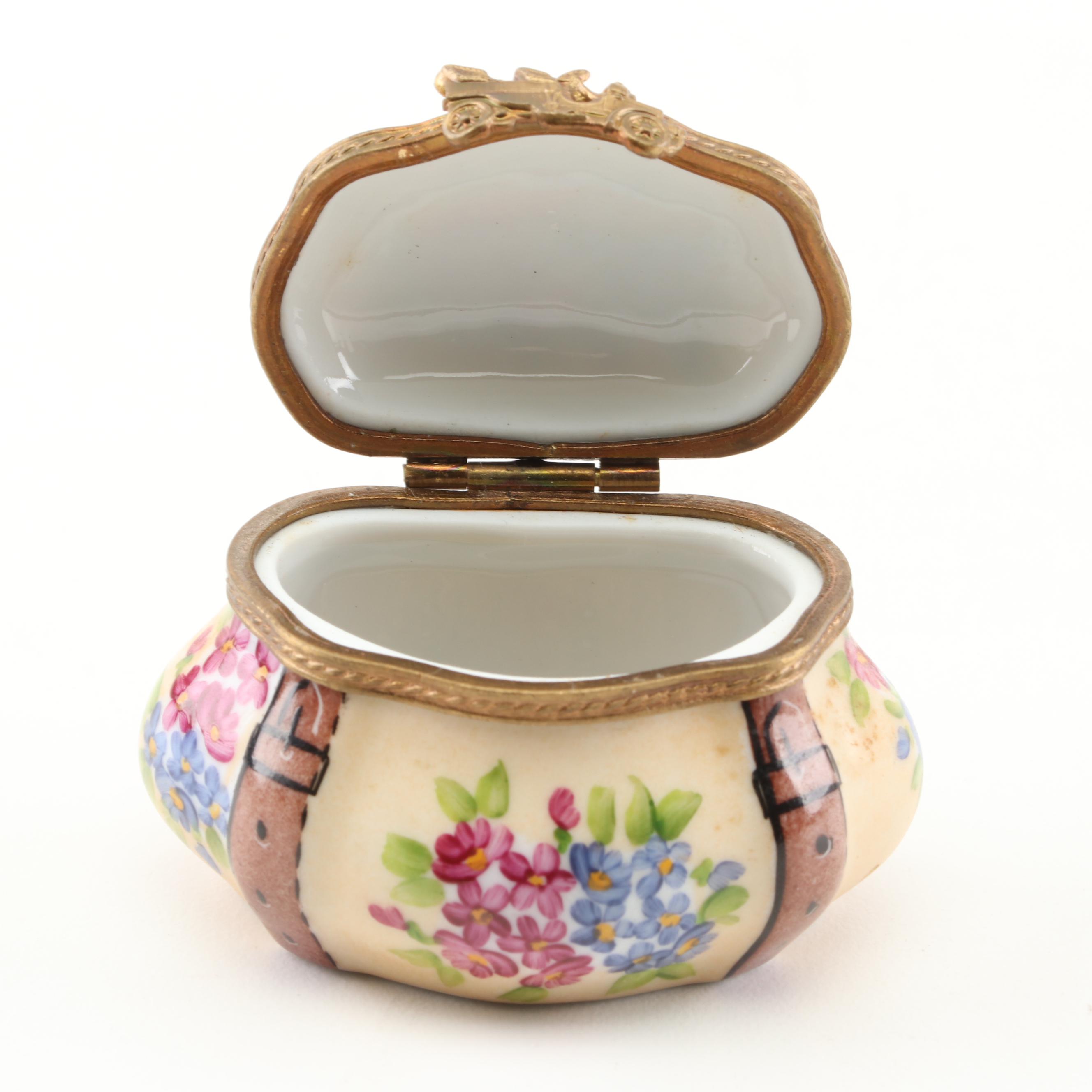 Hand-Painted Limoges French Accents Porcelain Trinket Box with 5 Franc "Coin"