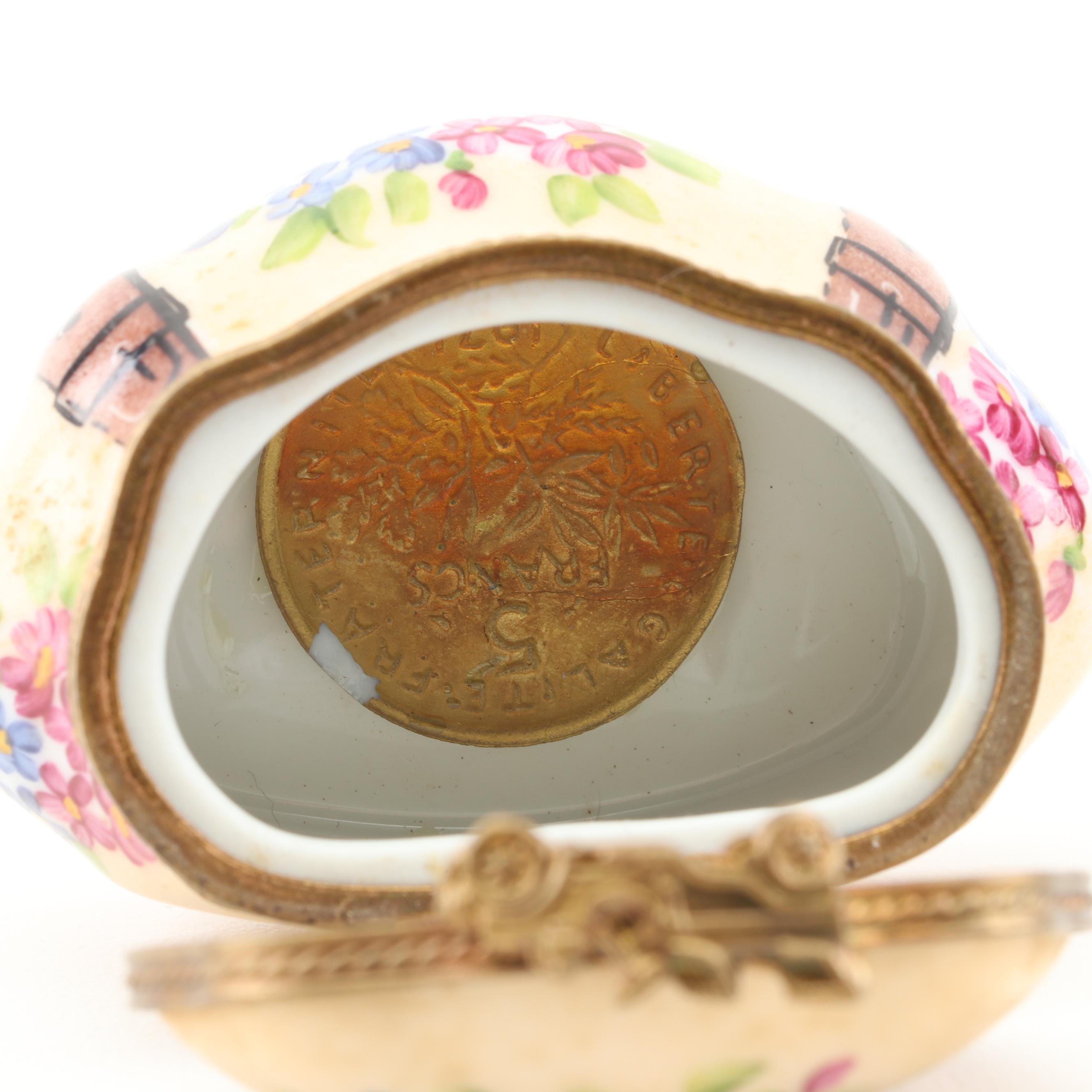 Hand-Painted Limoges French Accents Porcelain Trinket Box with 5 Franc "Coin"
