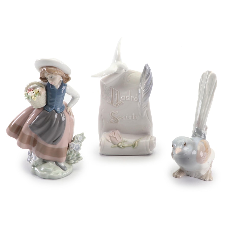 Lladró "Sweet Scent", "Bird" Porcelain Figurines and Collector's Plaque