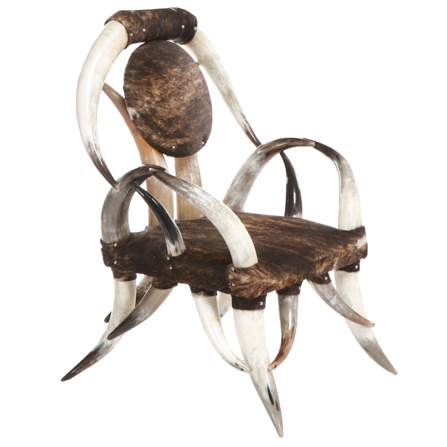 Contemporary Western Steer Horn and Cowhide Armchair
