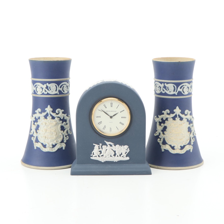 Wedgwood Adams Jasperware Bud Vases and Clock