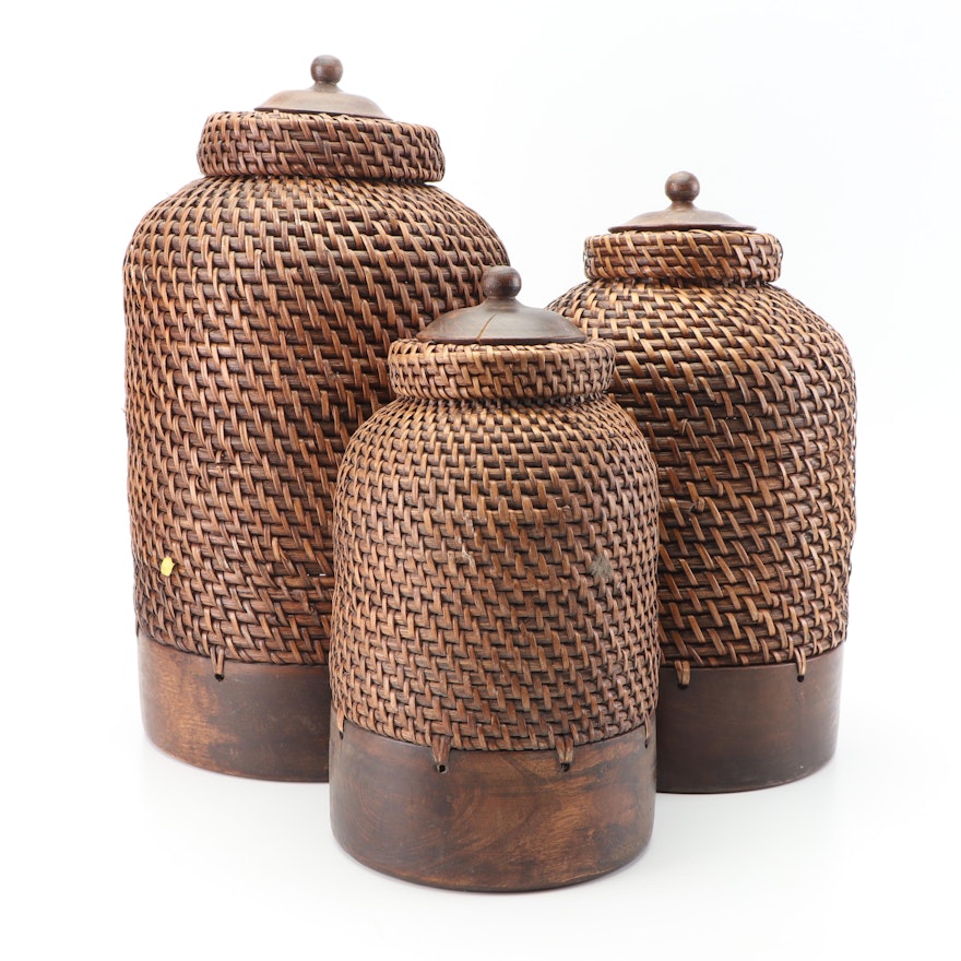 Woven Reed and Wood Decorative Containers