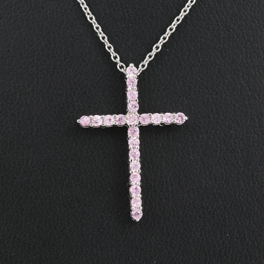 Sterling Silver Synthetic Spinel Adjustable Cross Pendant Necklace