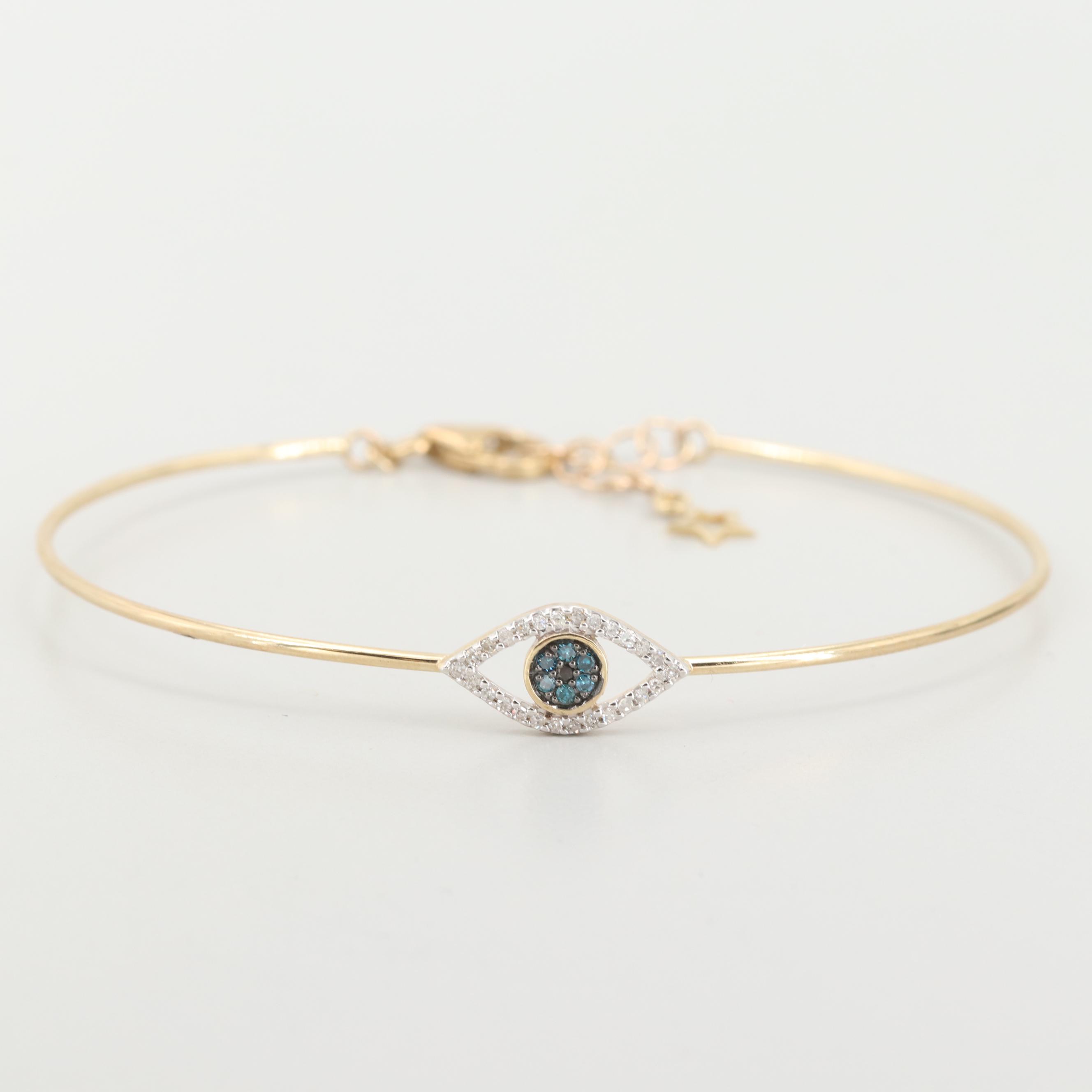 10K Yellow Gold Diamond Adjustable Evil Eye Bracelet