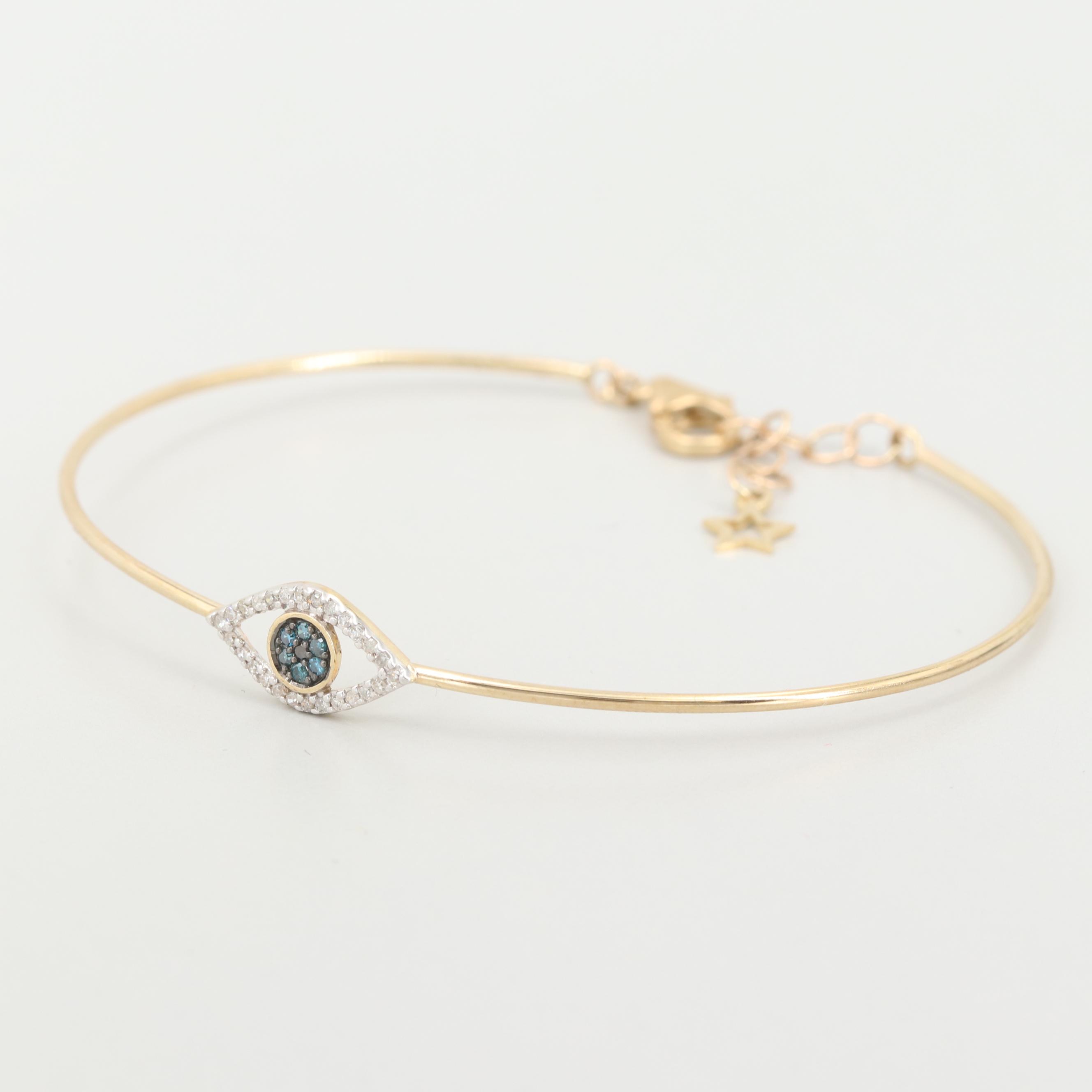 10K Yellow Gold Diamond Adjustable Evil Eye Bracelet