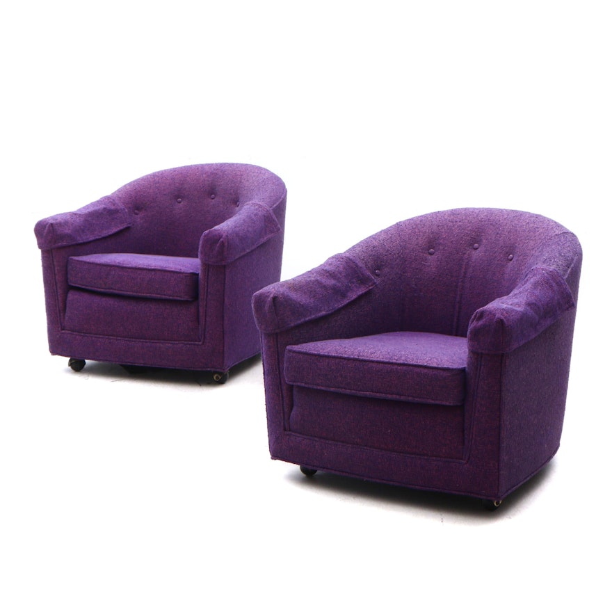 Upholstered Barrel Back Purple Arm Chairs on Casters
