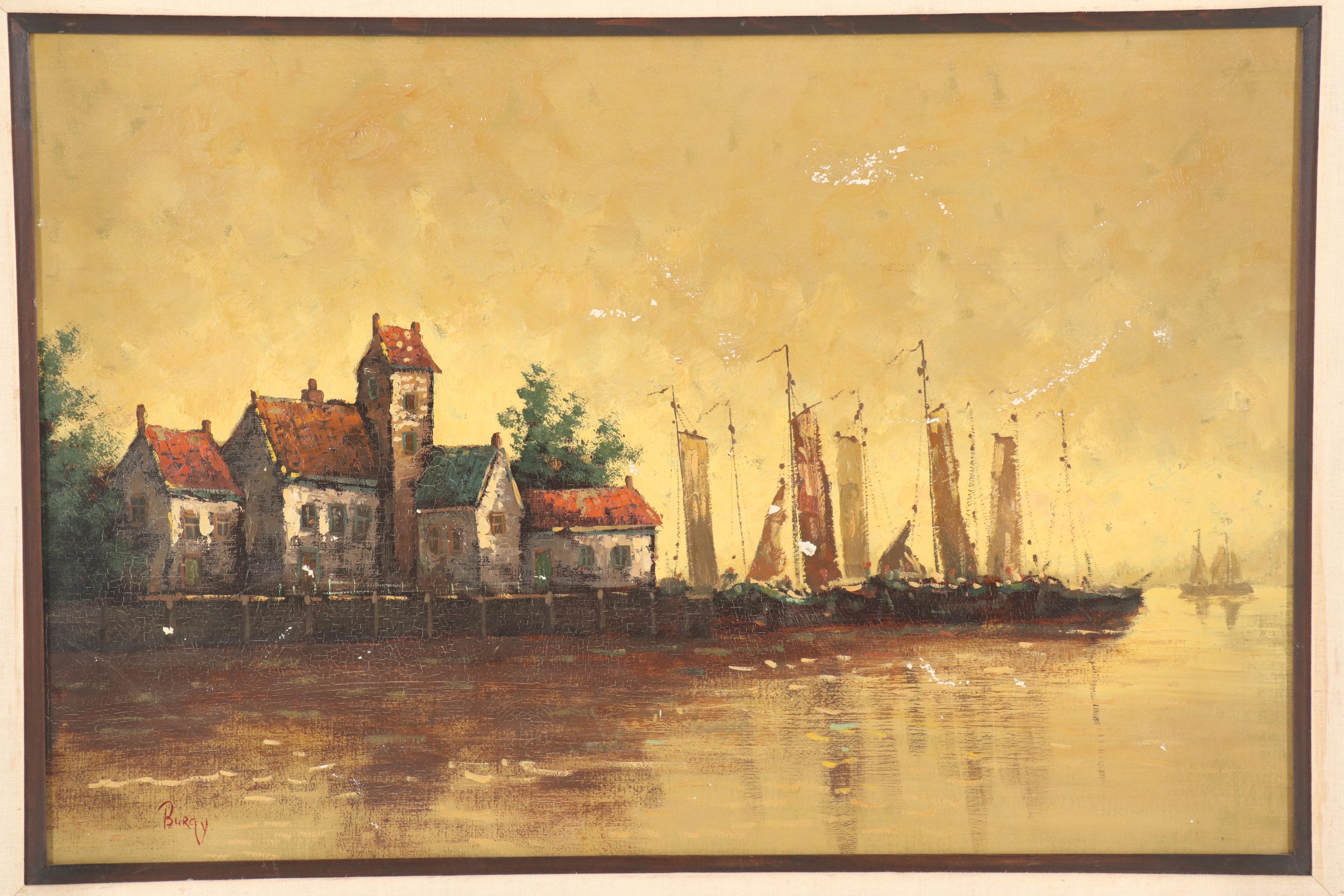 Burgy Harbor Scene Oil Painting