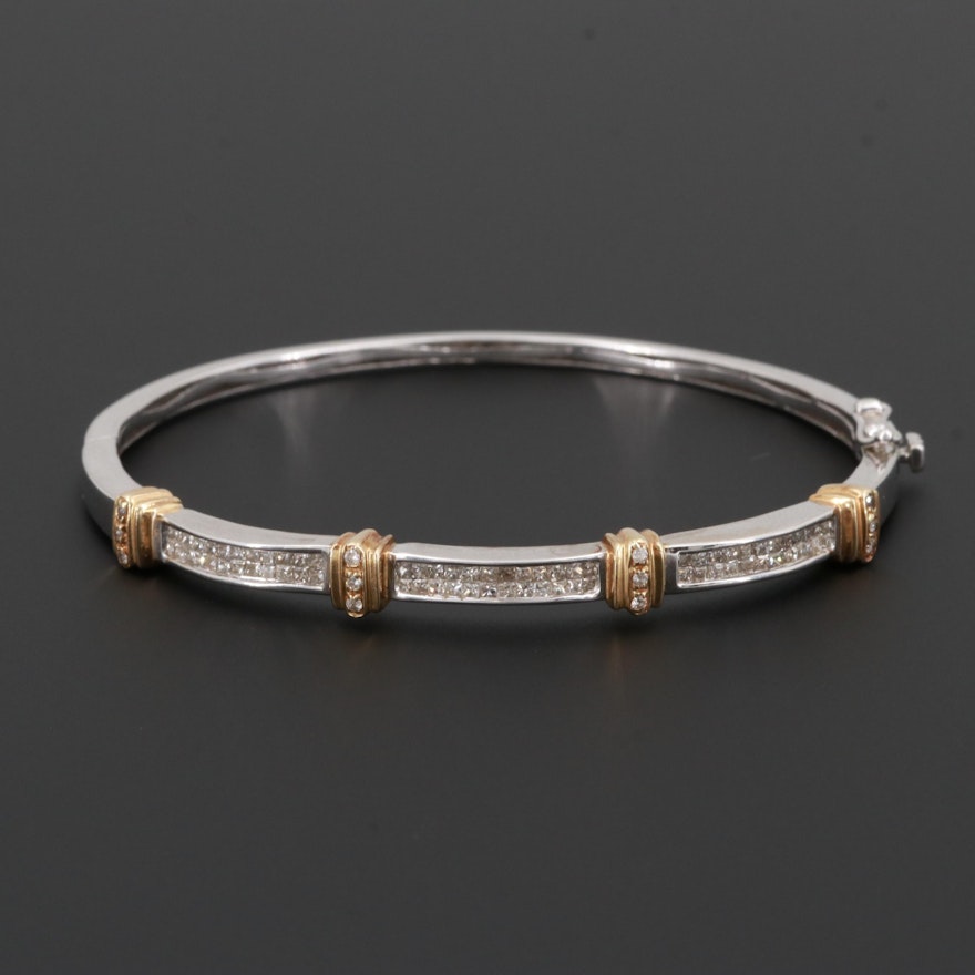 14K White Gold Diamond Hinged Bangle Bracelet with Yellow Gold Accents