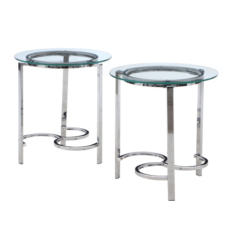 Pair Contemporary Modern Glass Top Chrome Frame Side Tables