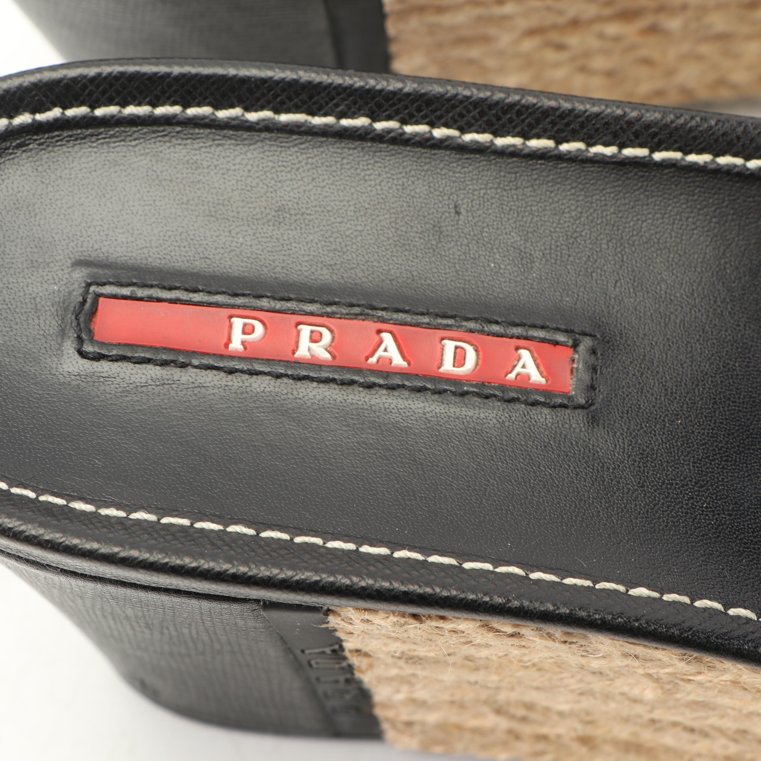 Prada Black Leather Platform Espadrille Wedge Slides