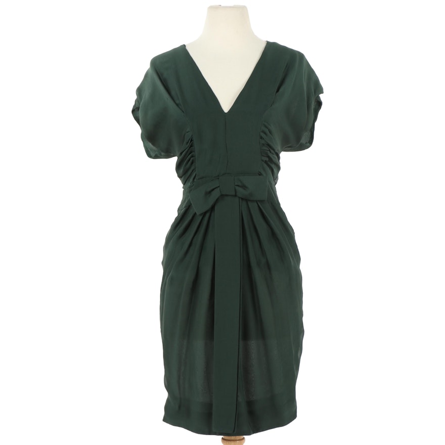 Stella McCartney Forest Green Silk Pleated V-Neck Dress