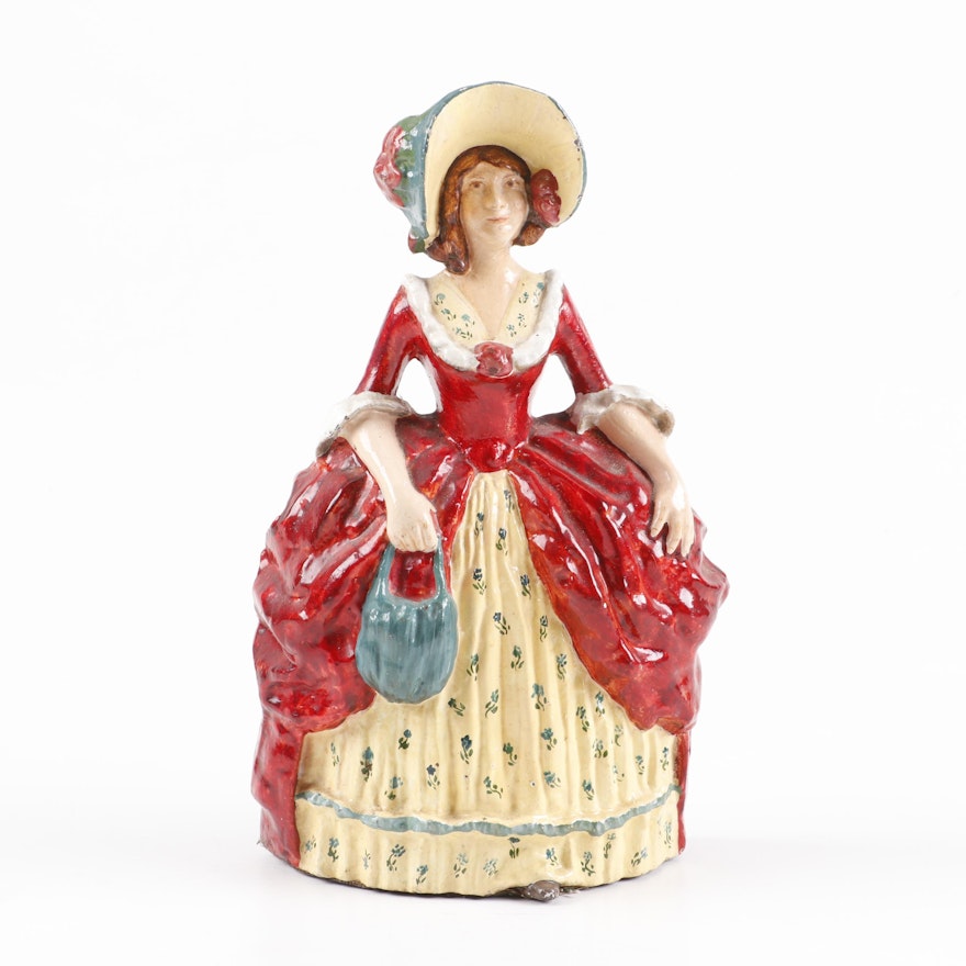 Hand-Painted Polychrome Cast Iron Victorian Lady Doorstop, Early 20th Century