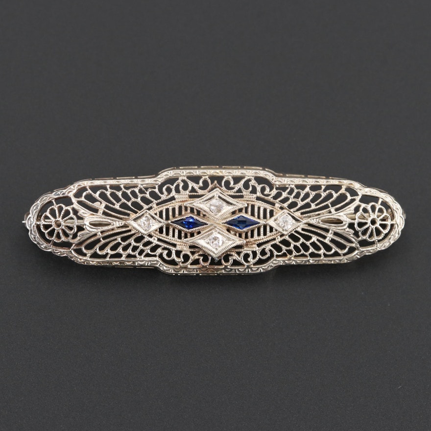 Circa 1930 10K White Gold Openwork Diamond and Synthetic Sapphire Bar Brooch