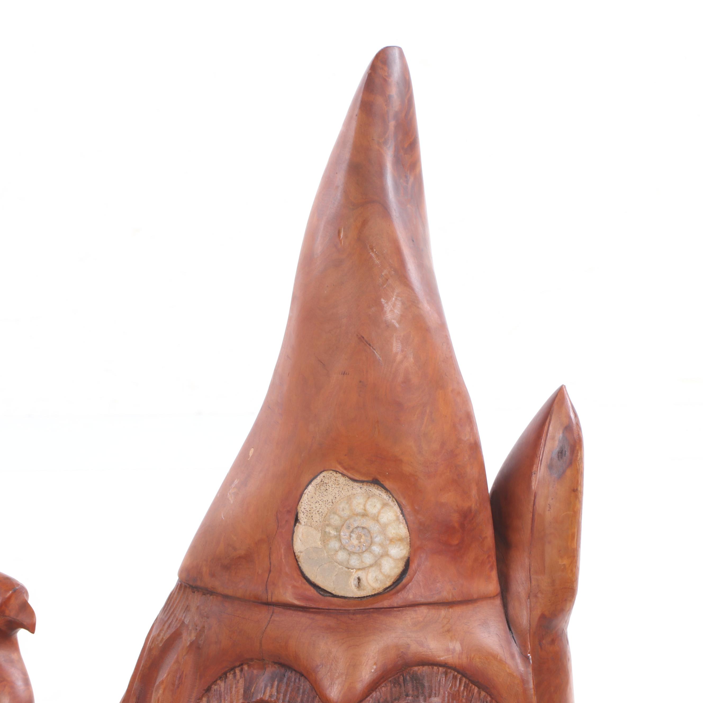 Cherry Tree Stump Figural Gnome Sculpture with Ammonite Fossil