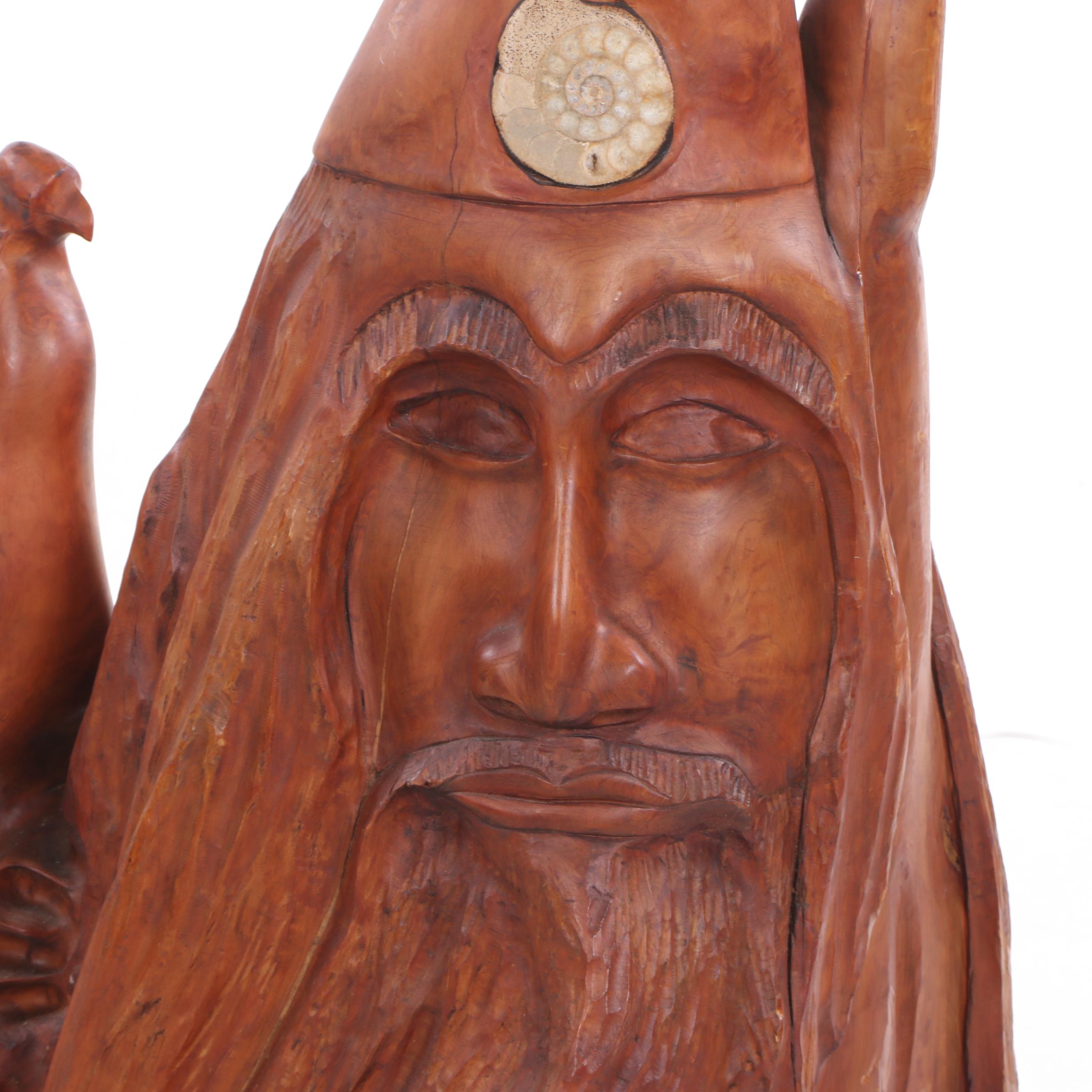 Cherry Tree Stump Figural Gnome Sculpture with Ammonite Fossil