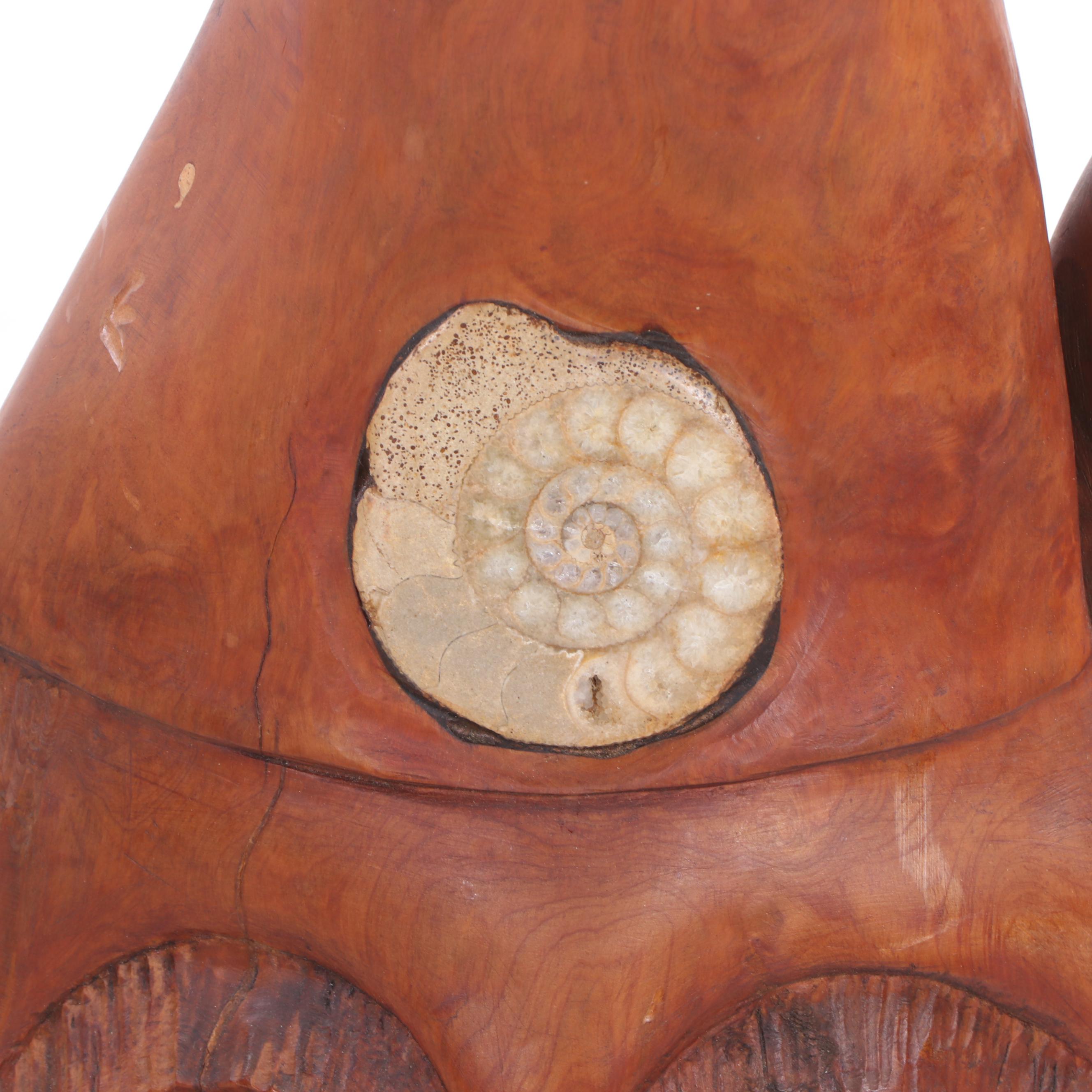 Cherry Tree Stump Figural Gnome Sculpture with Ammonite Fossil