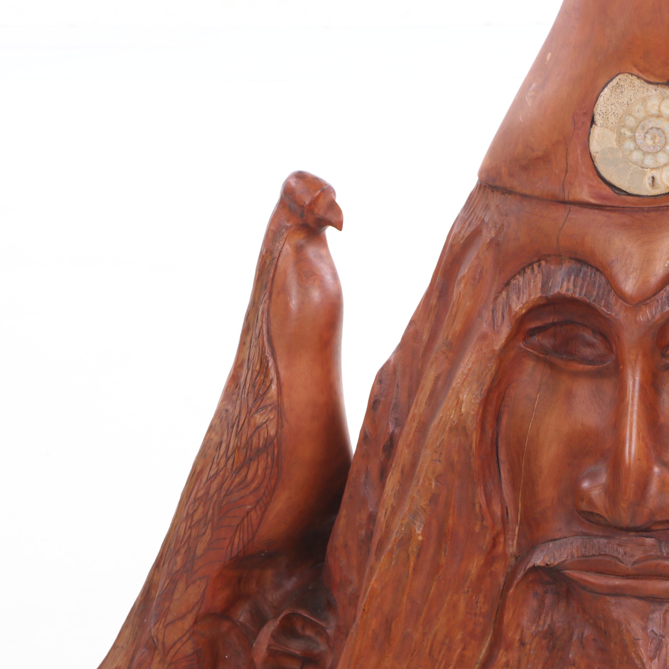 Cherry Tree Stump Figural Gnome Sculpture with Ammonite Fossil