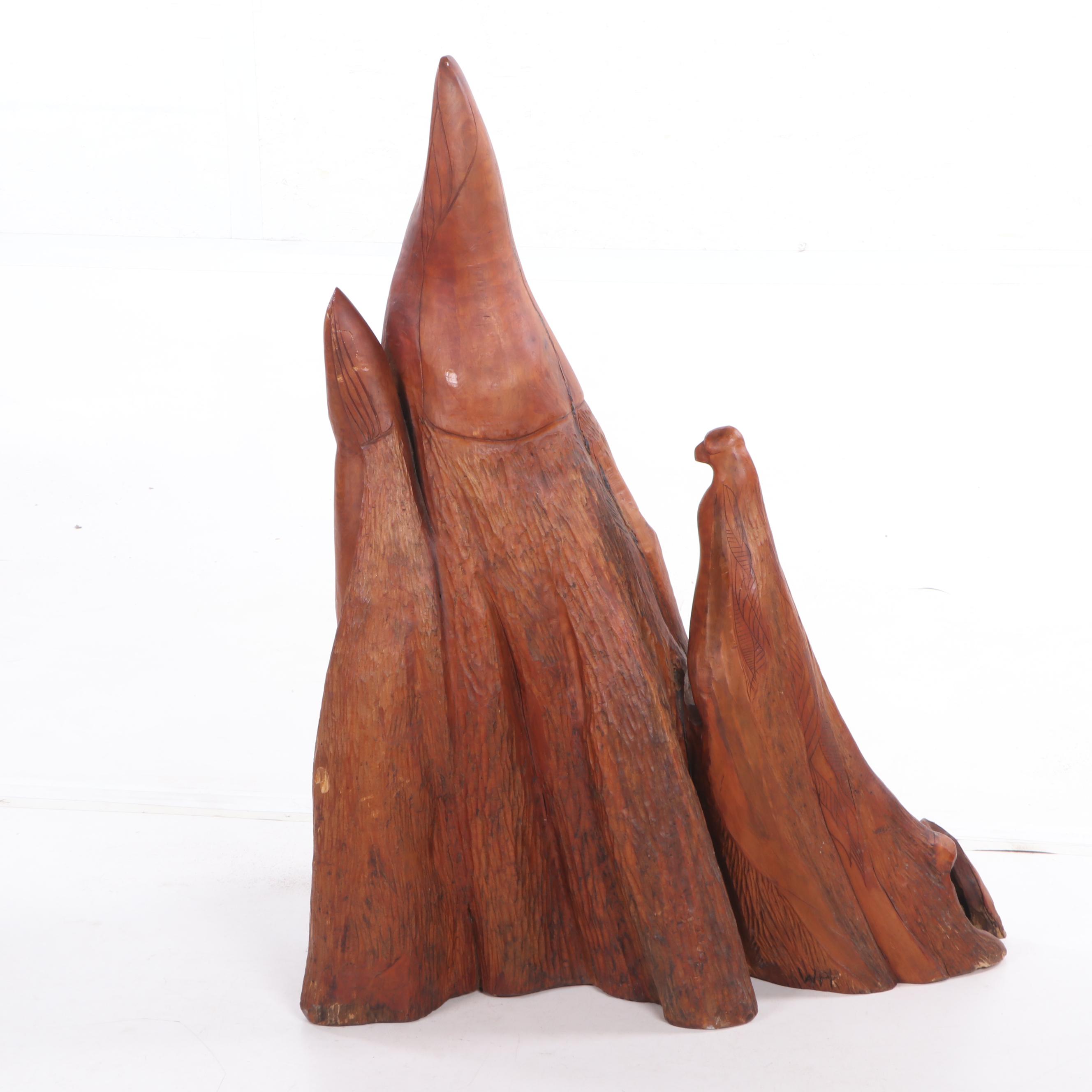 Cherry Tree Stump Figural Gnome Sculpture with Ammonite Fossil