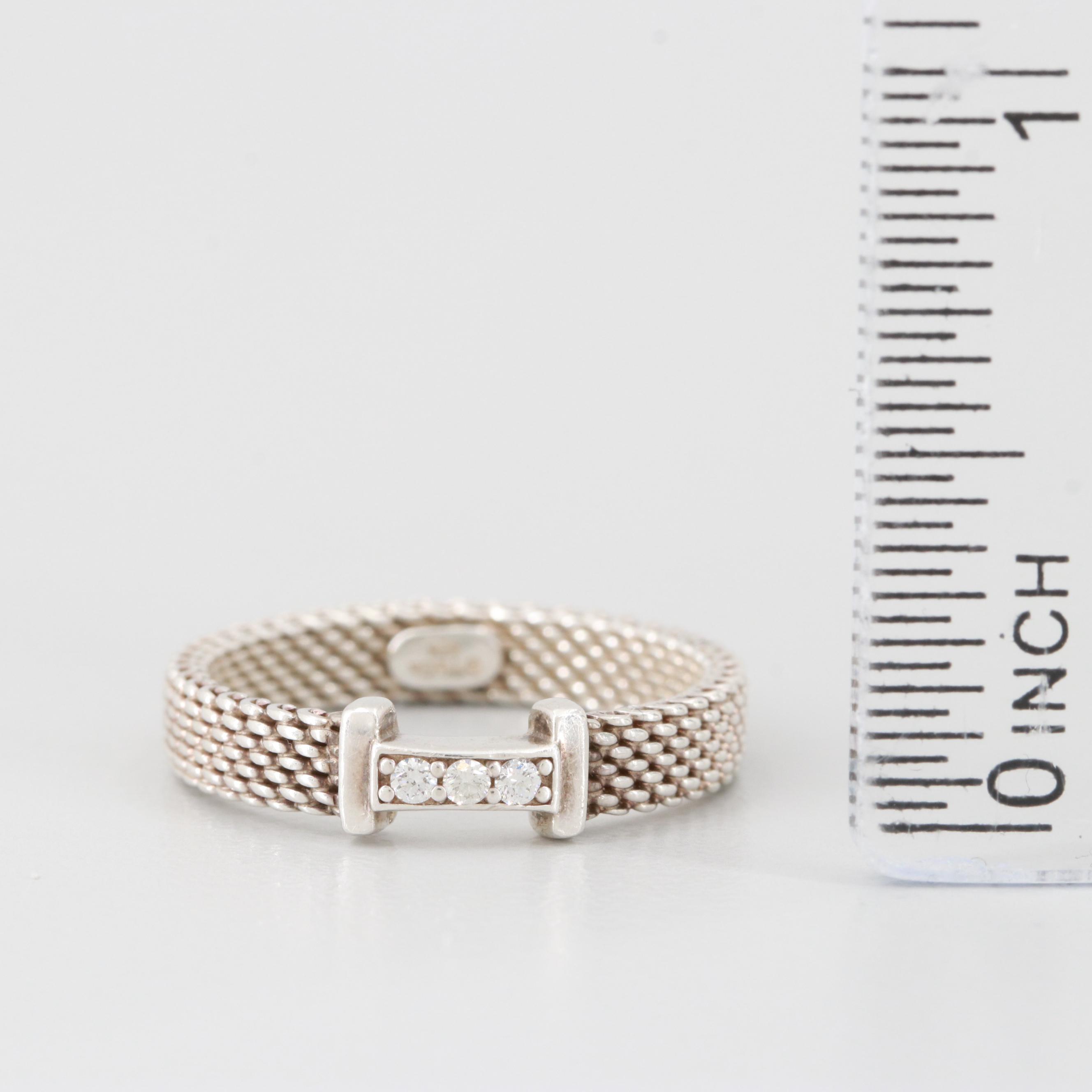 Tiffany & Co. Sterling Silver Diamond Thin 3 "T" Somerset Ring