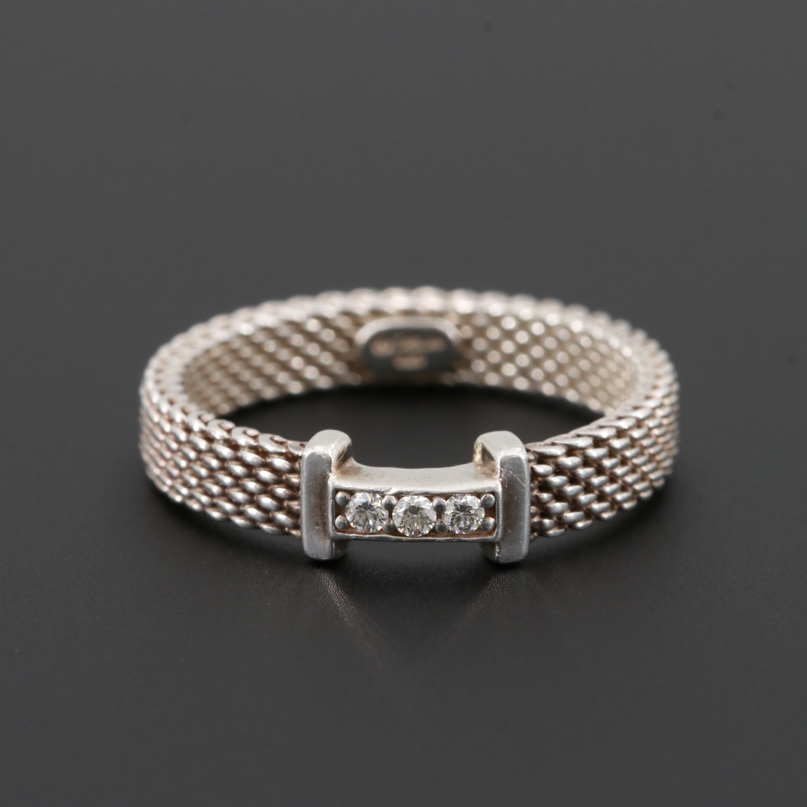 Tiffany & Co. Sterling Silver Diamond Thin 3 "T" Somerset Ring