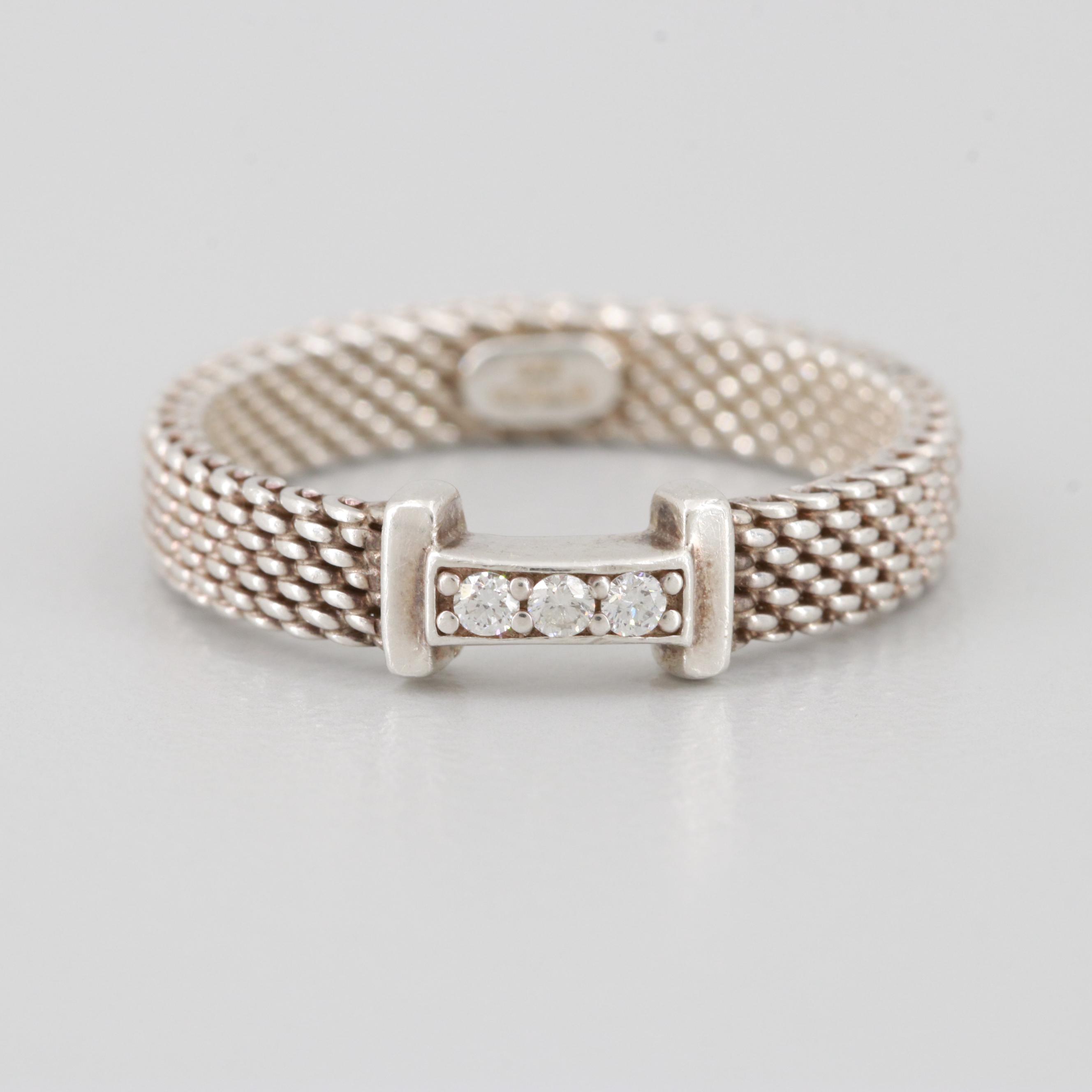 Tiffany & Co. Sterling Silver Diamond Thin 3 "T" Somerset Ring