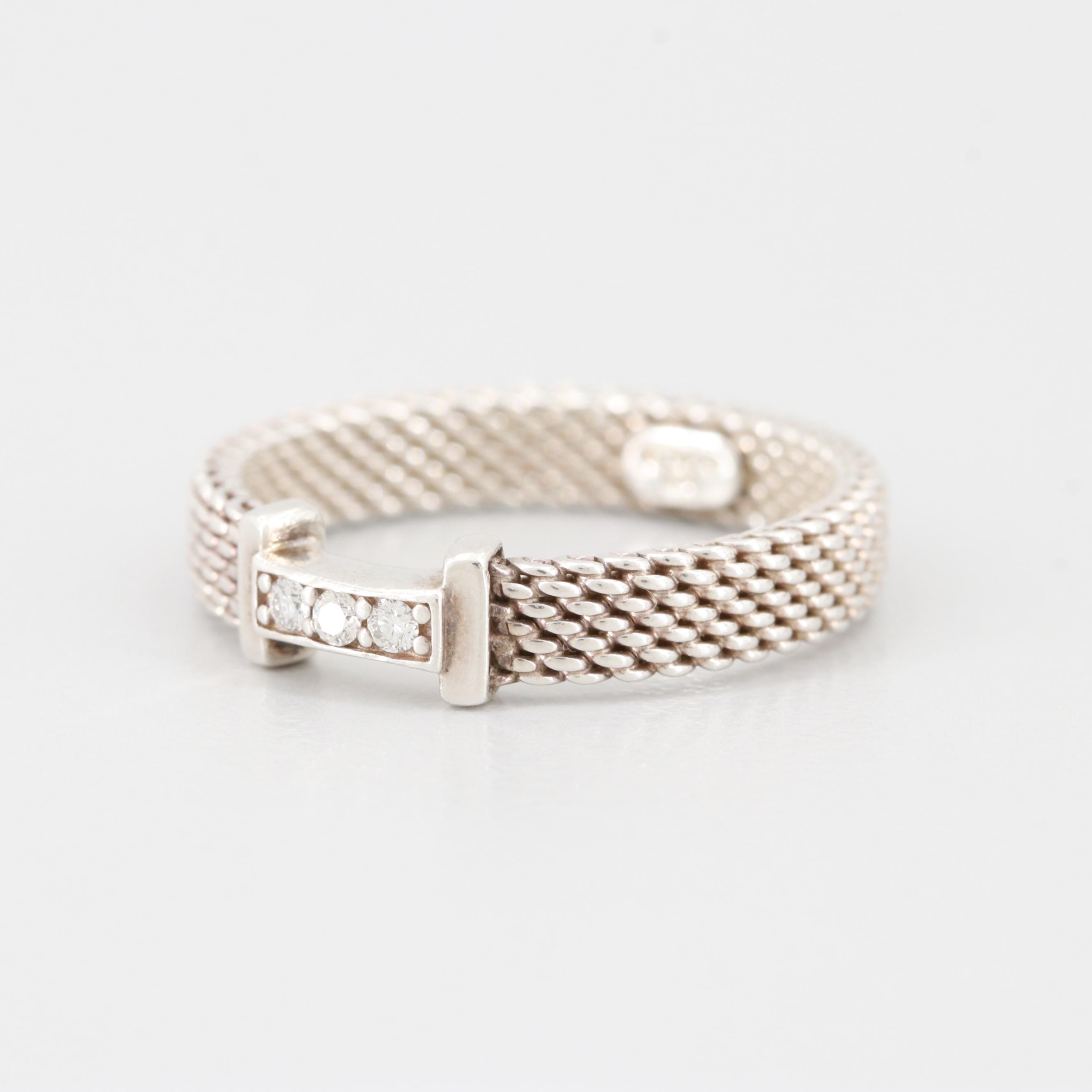 Tiffany & Co. Sterling Silver Diamond Thin 3 "T" Somerset Ring