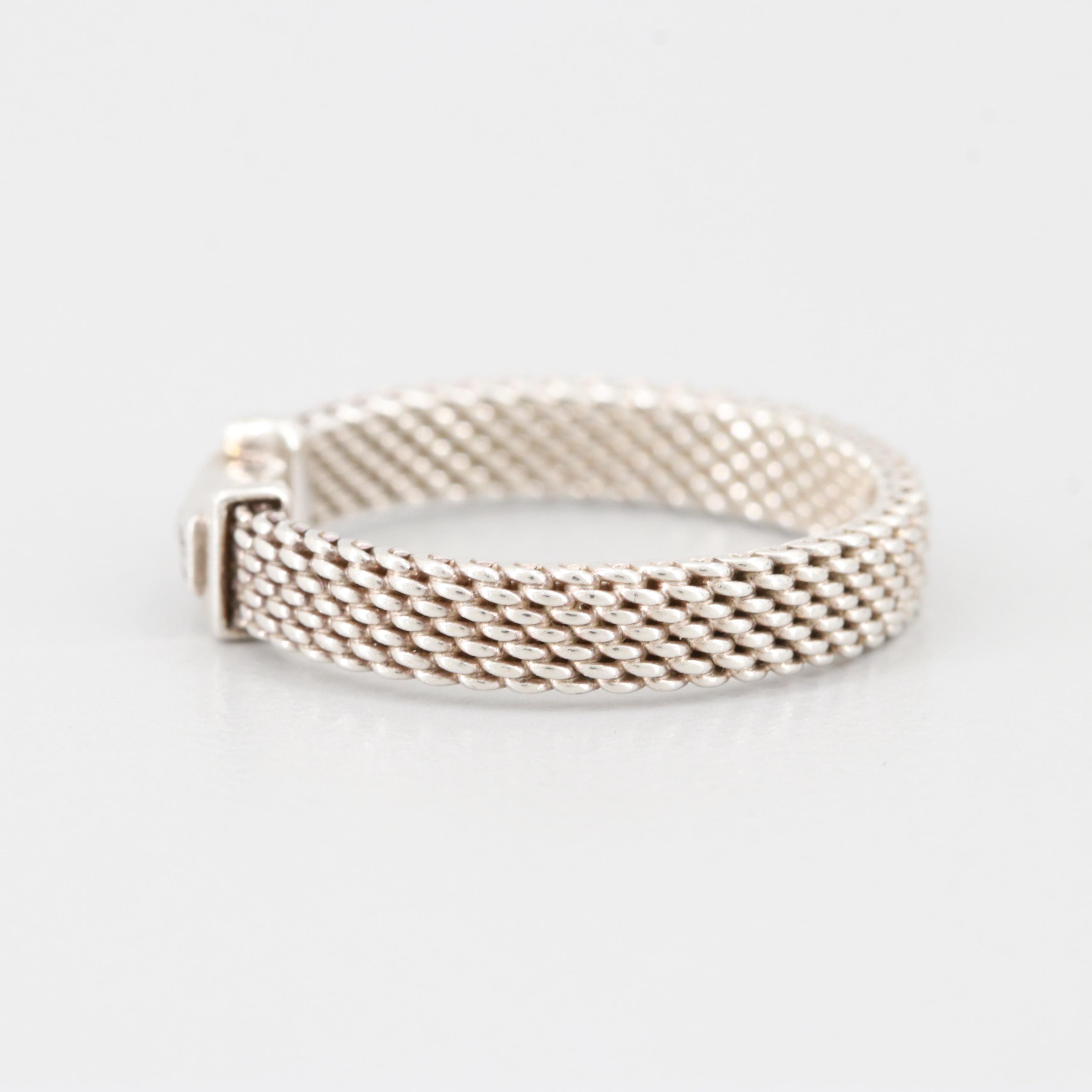 Tiffany & Co. Sterling Silver Diamond Thin 3 "T" Somerset Ring