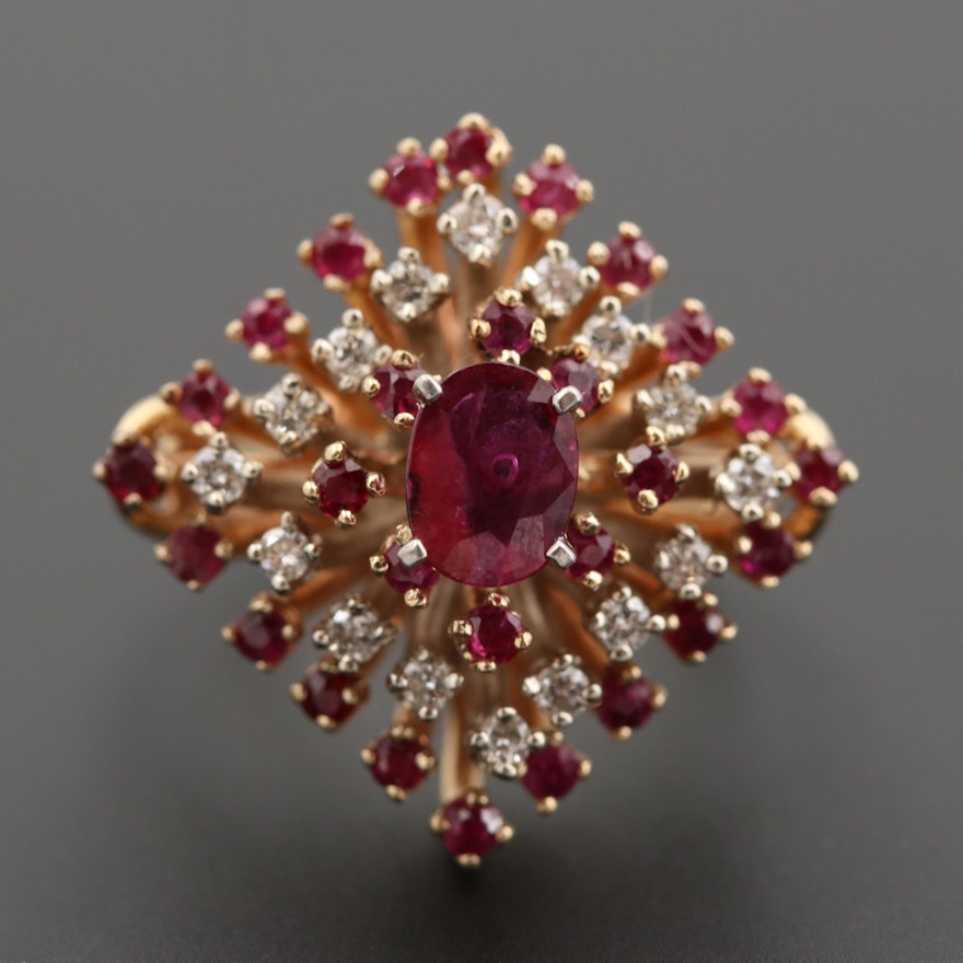 Vintage Diamond Shaped 14K Yellow Gold Ruby and Diamond Ring