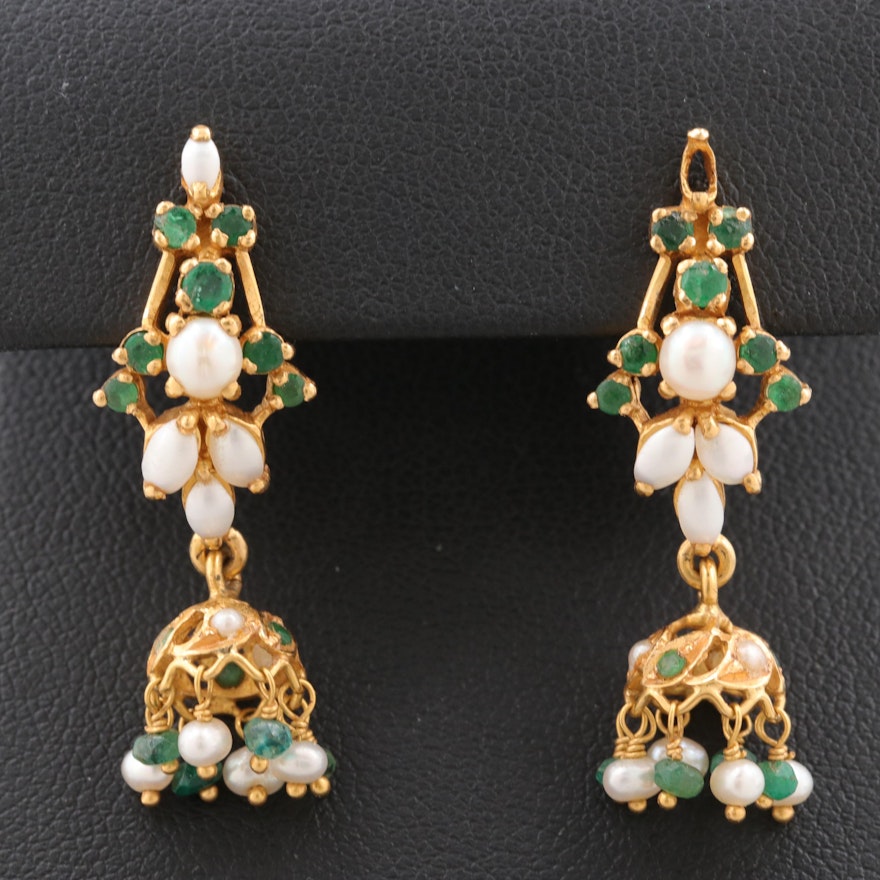 22K Yellow Gold Cultured Pearl, Mother of Pearl and Emerald Dangle Earrings