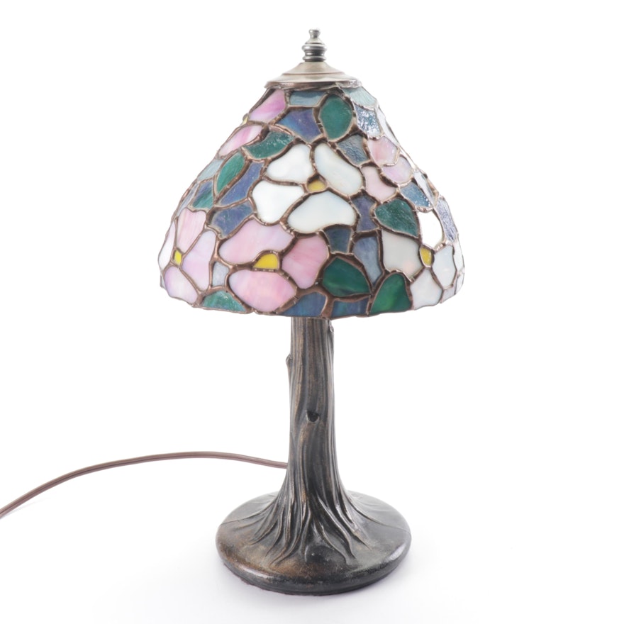 "Tiffa-Mini" Cast Metal Tree Form Boudoir Lamp with Slag Glass Shade