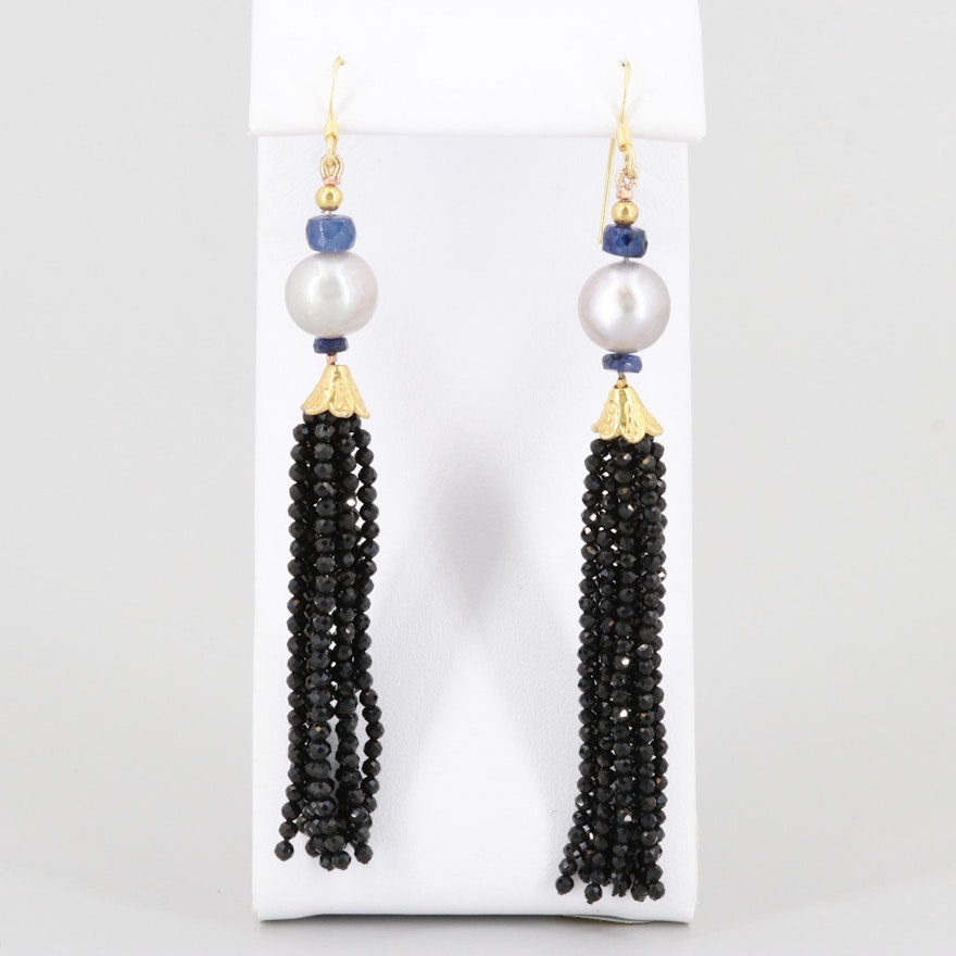 Gold Wash on Sterling Silver Corundum, Cultured Pearl and Black Onyx Earrings
