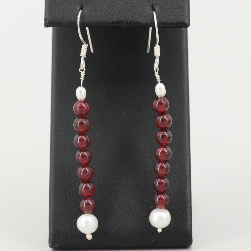 Sterling Silver Garnet and Cultured Pearl Earrings