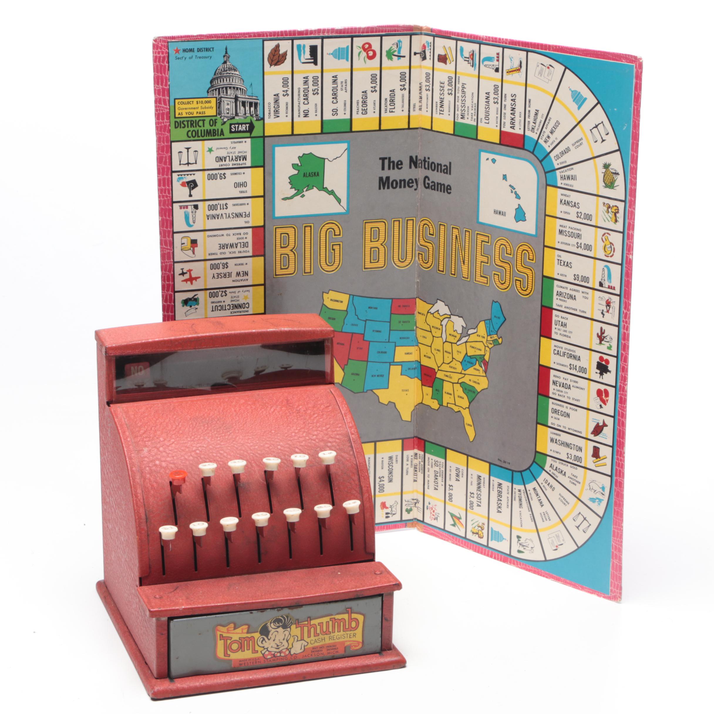 Vintage Tom Thumb Metal Toy Cash Register and Big Business Game Board