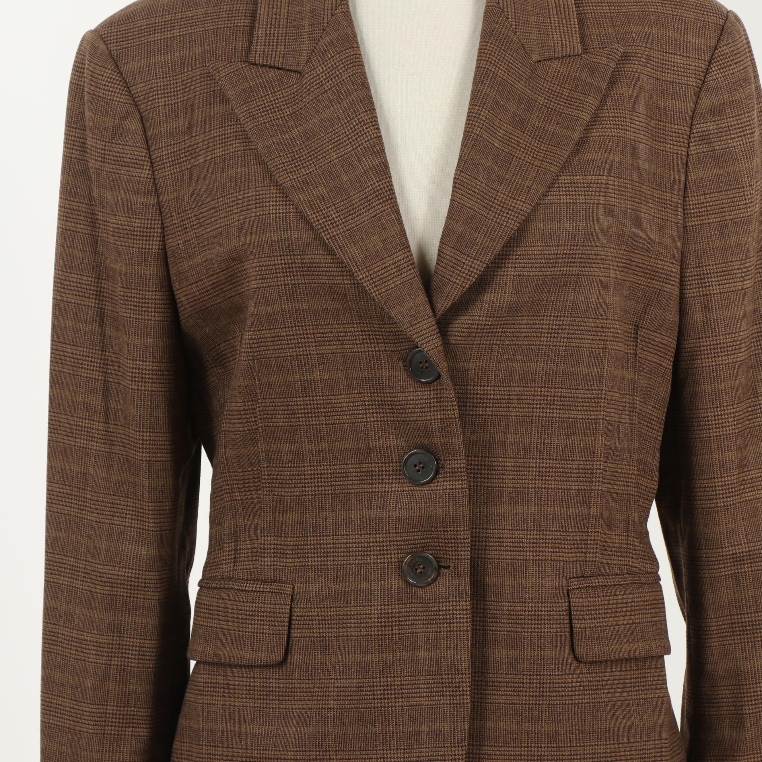 Michael Kors Brown Wool Houndstooth Plaid Pantsuit