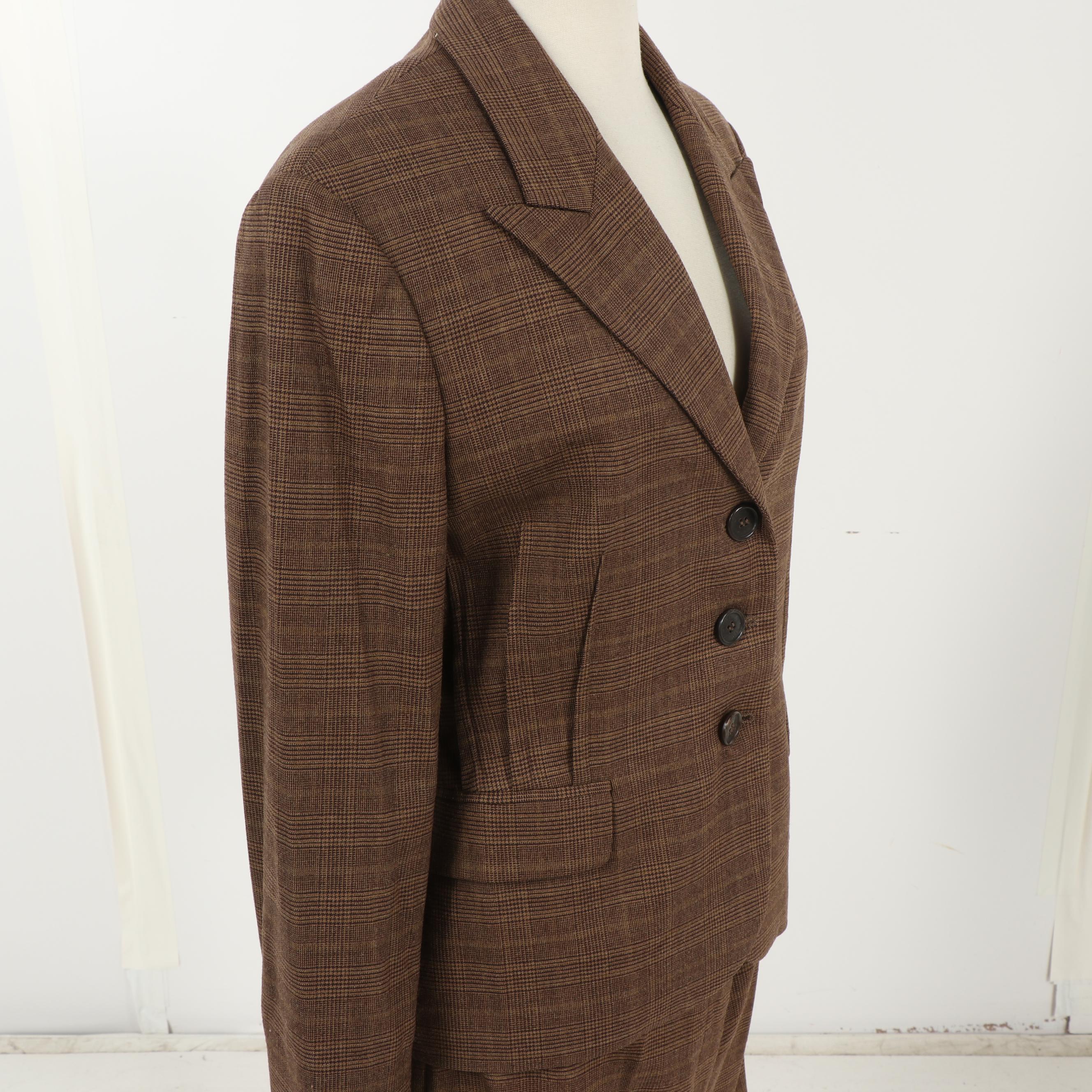 Michael Kors Brown Wool Houndstooth Plaid Pantsuit
