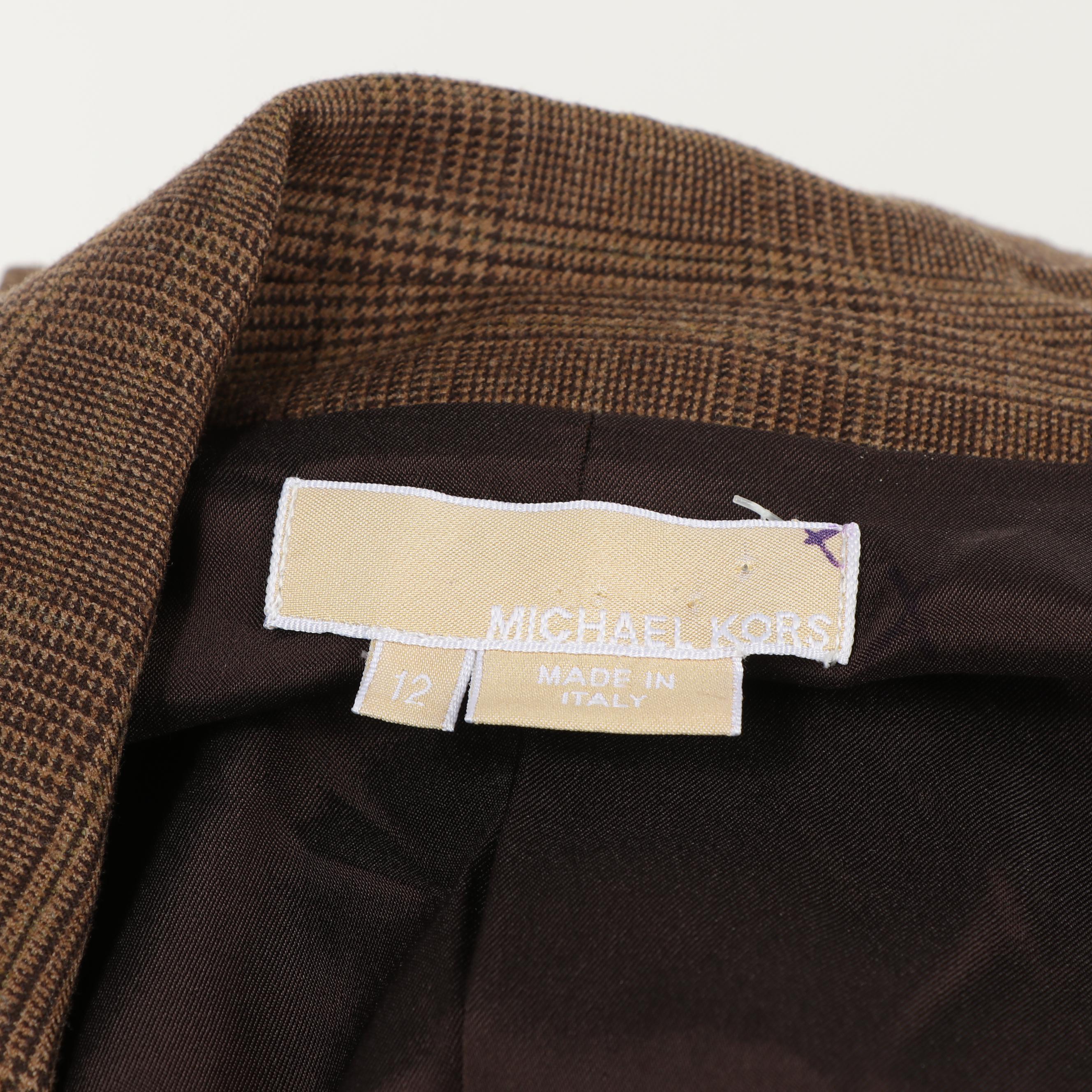 Michael Kors Brown Wool Houndstooth Plaid Pantsuit