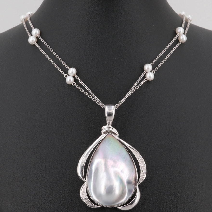 14K White Gold Cultured Pearl and Diamond Enhancer Pendant Necklace