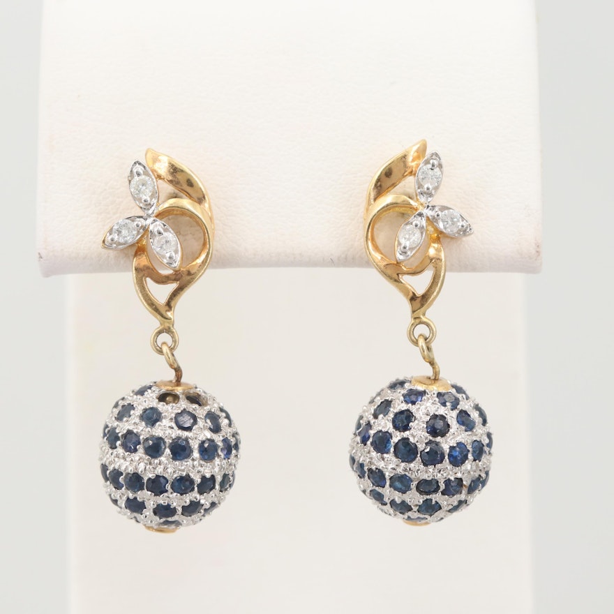 14K Yellow Gold Blue Sapphire and Diamond Dangle Earrings