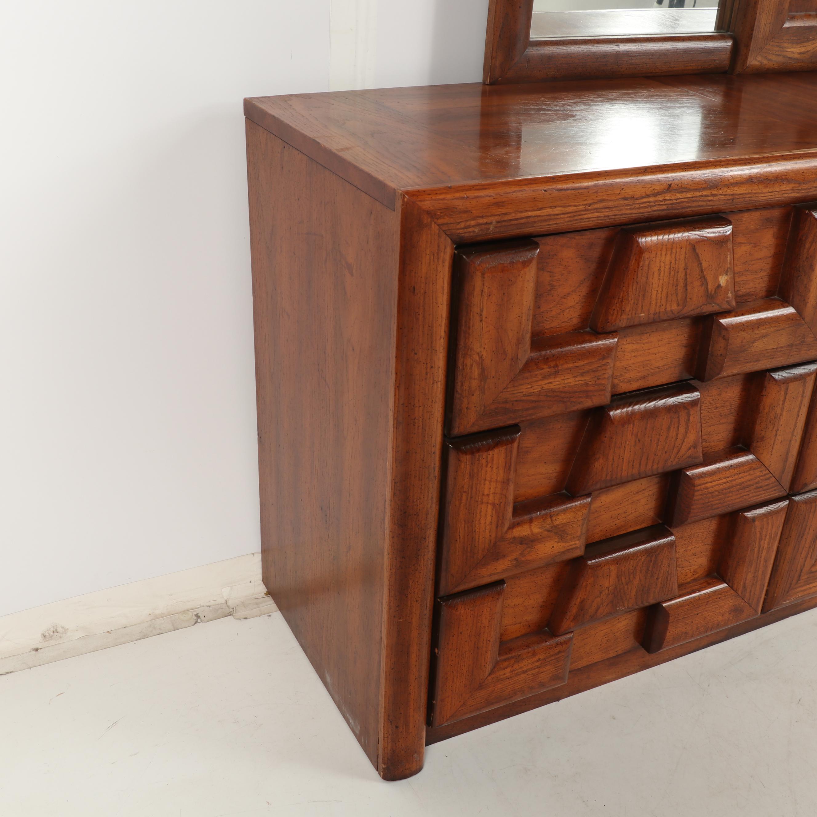 "Brutalist" Style Fruitwood Dresser with Attached Mirror, 1980s
