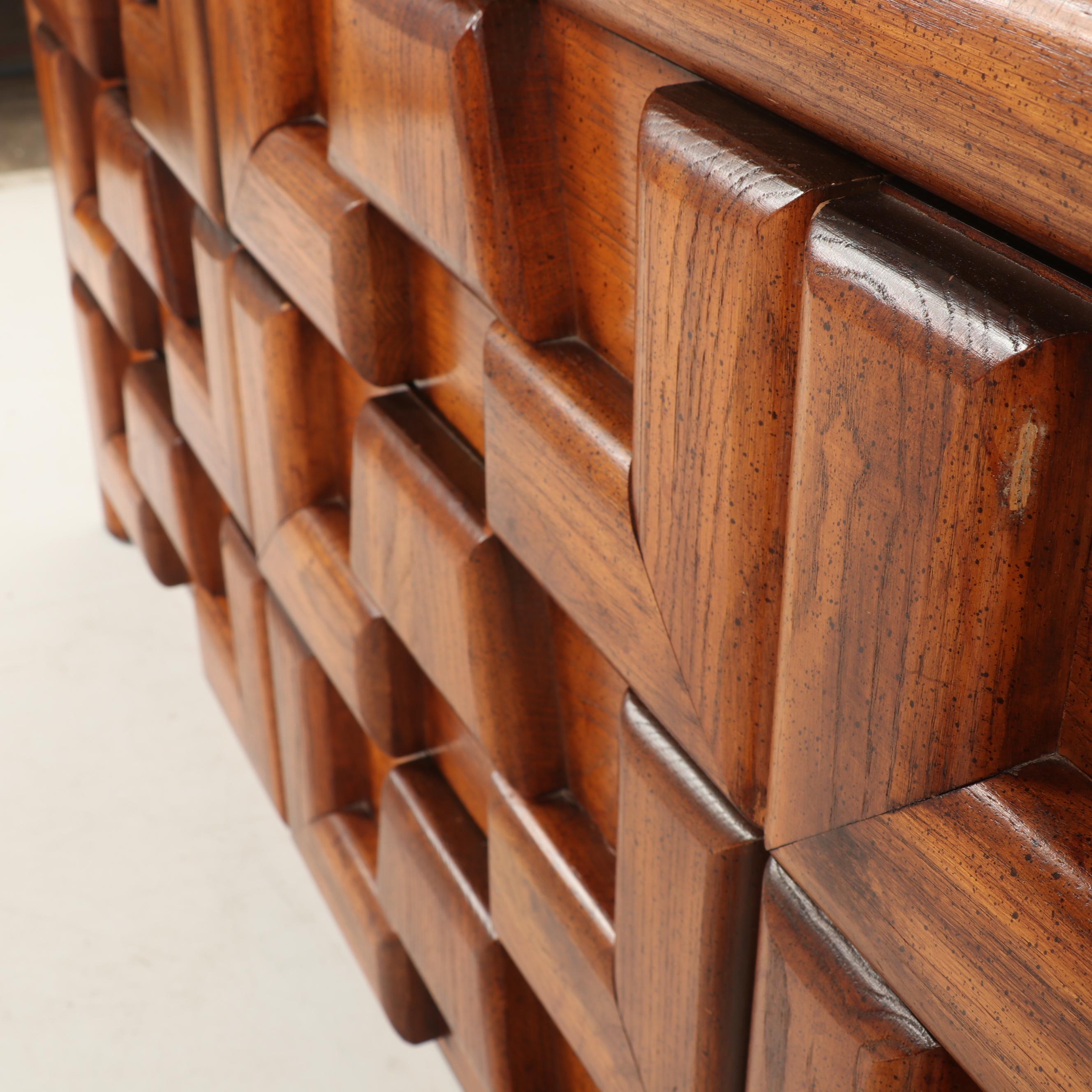 "Brutalist" Style Fruitwood Dresser with Attached Mirror, 1980s