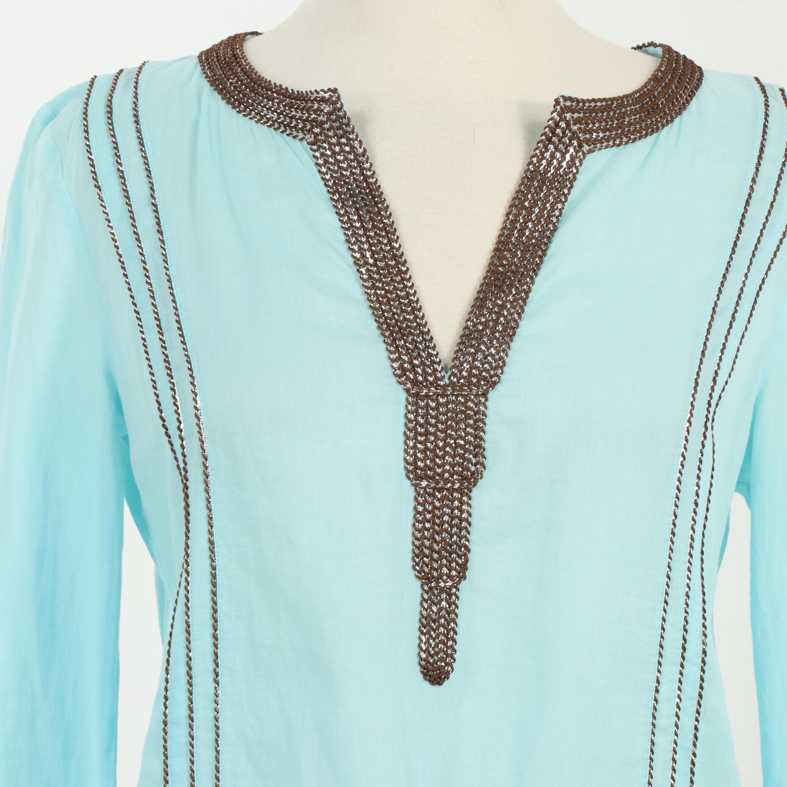 Tory Burch Embellished Blue Linen Tunic Dress