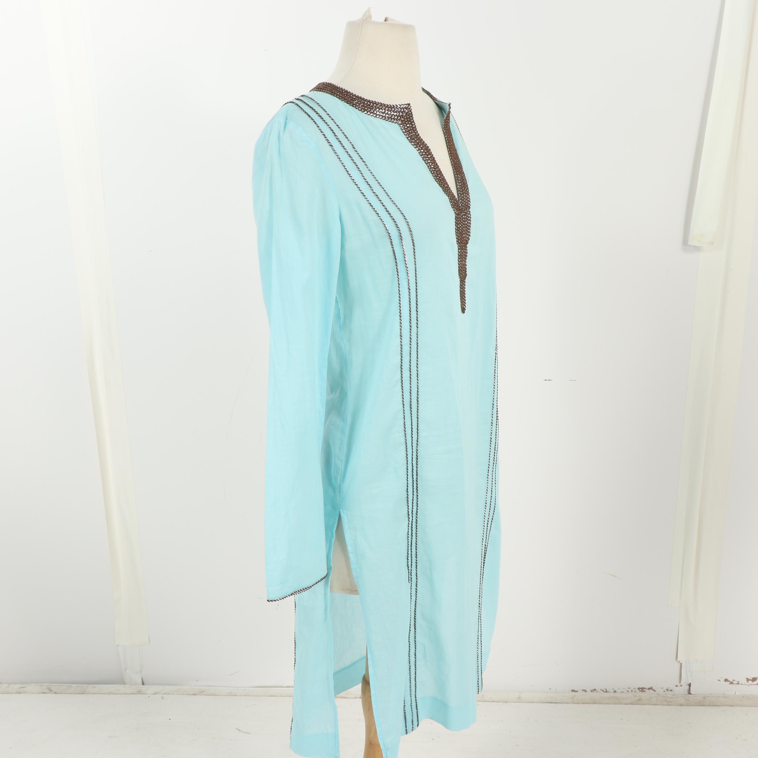 Tory Burch Embellished Blue Linen Tunic Dress