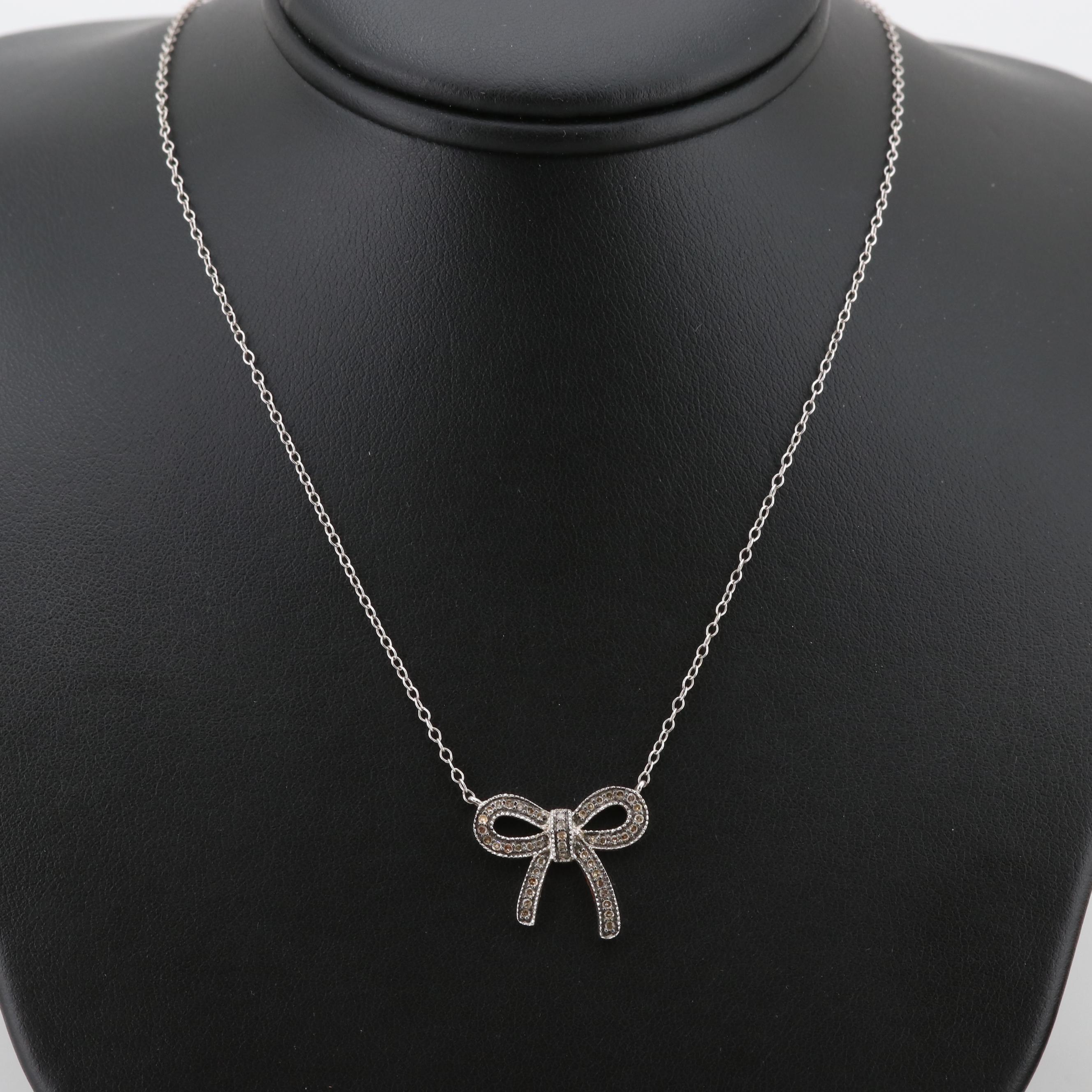 Sterling Silver Diamond Bow Split Chain Necklace