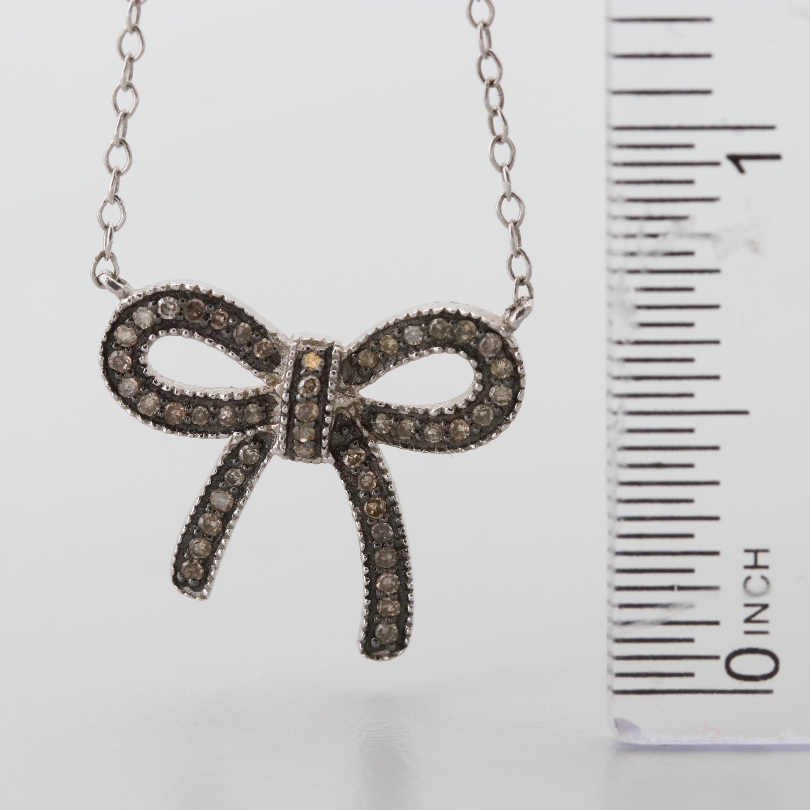 Sterling Silver Diamond Bow Split Chain Necklace