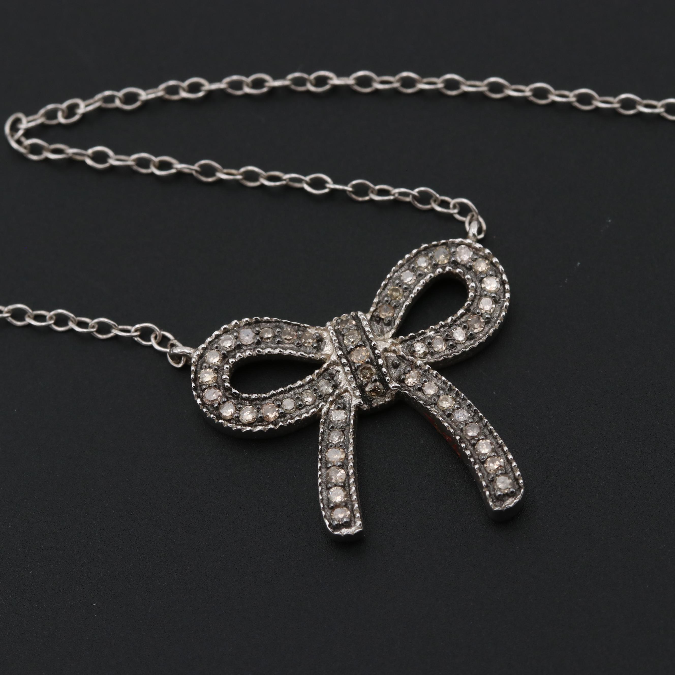 Sterling Silver Diamond Bow Split Chain Necklace
